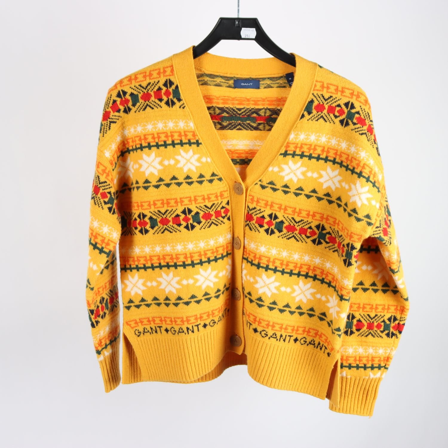 Stickad ullkofta, Gant, senapsgul, mönstrad, stl. M