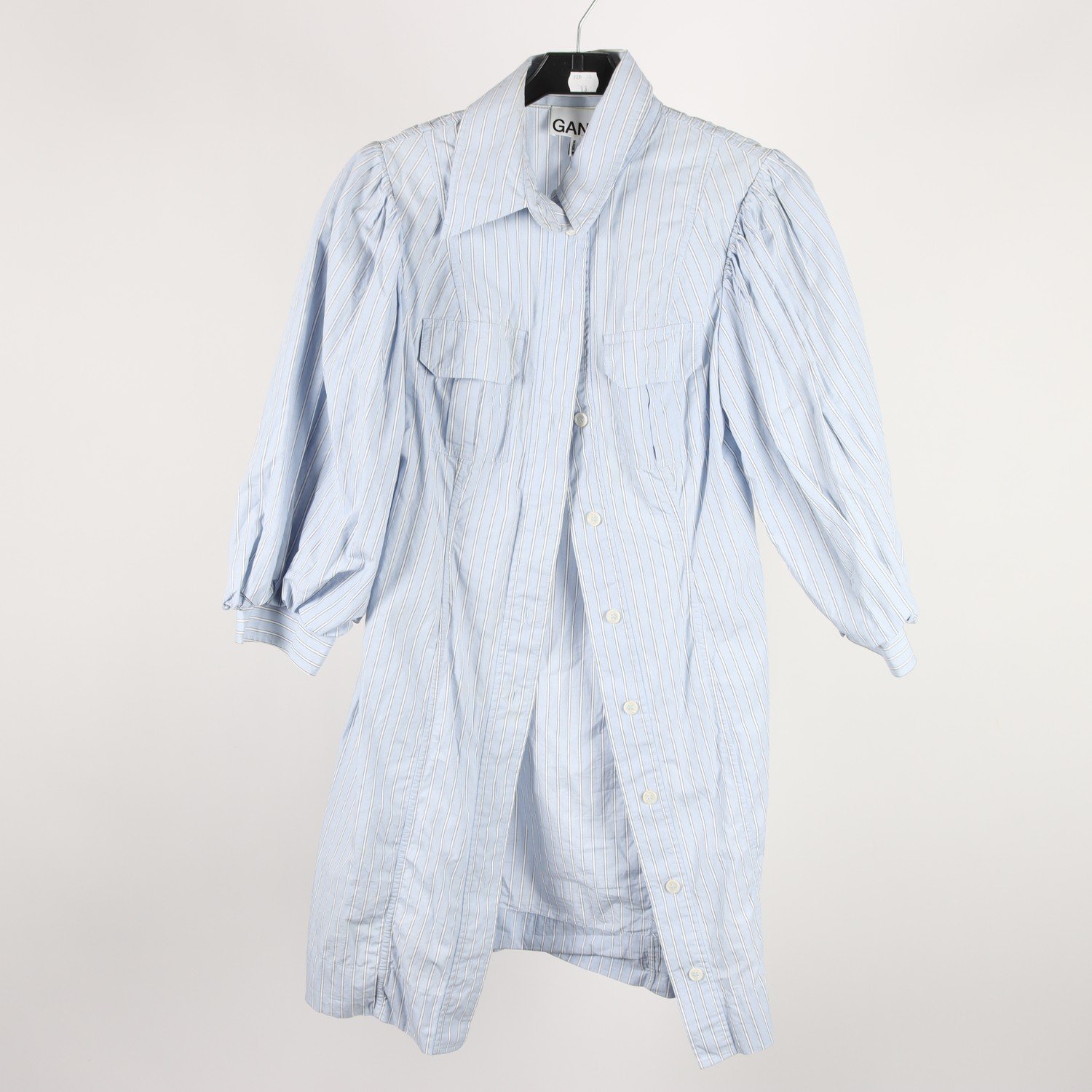 Klänning, Ganni, randig, vit, blå, puffärm, stl. 34