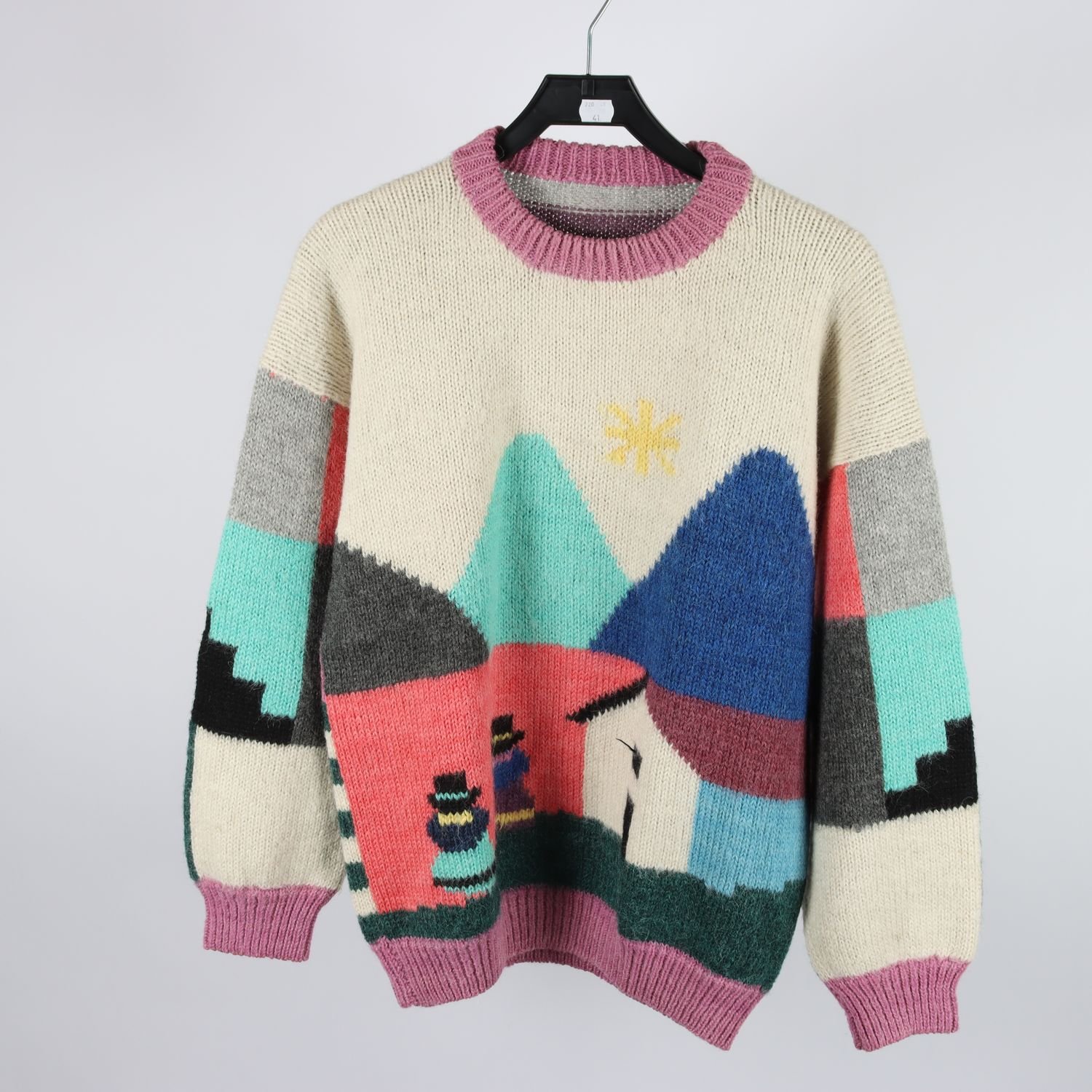 Stickad tröja, Okänd, blå, grön, stl. ca. M/L