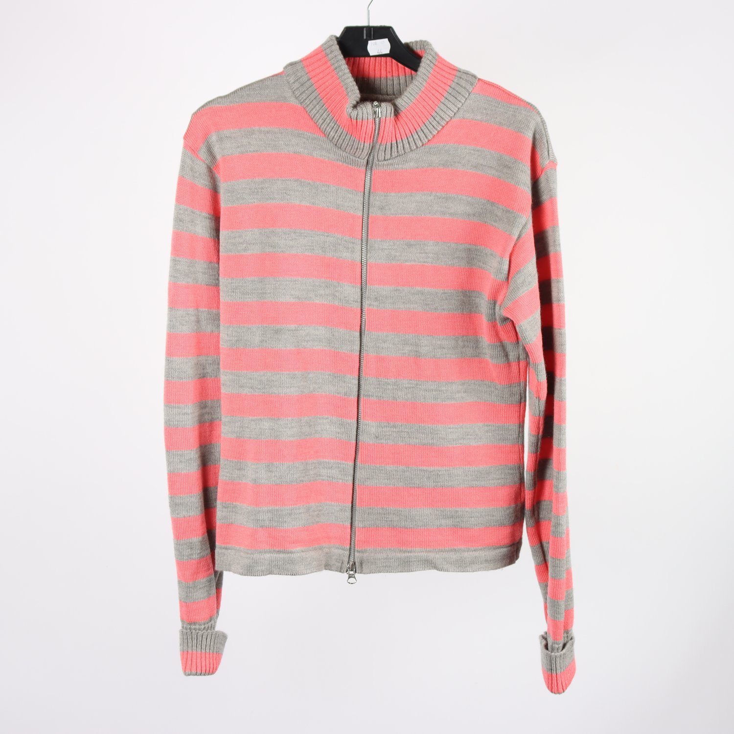 Stickad kofta, Mads Nørgaard, randig, grå, aprikos, 100% ull, stl. M