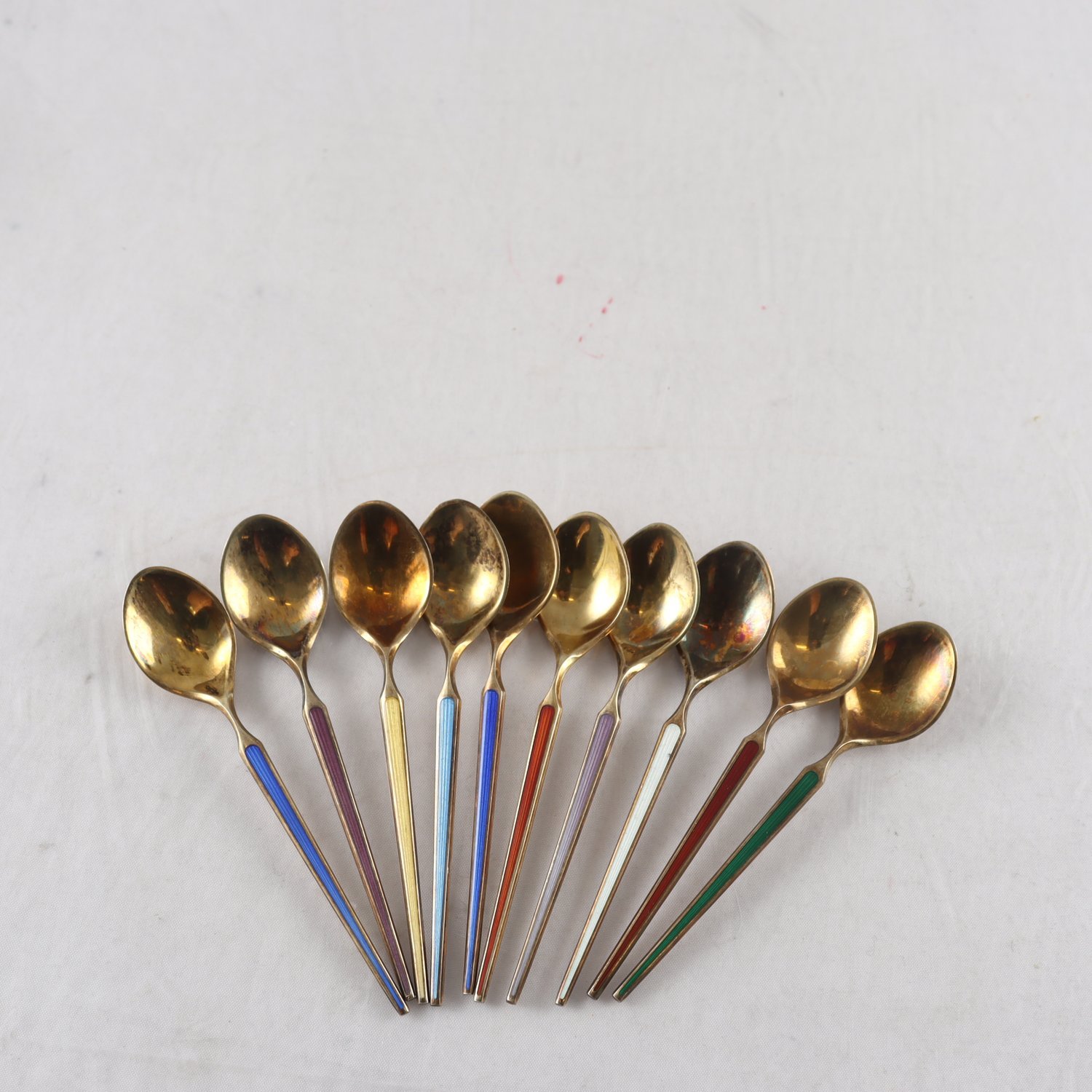 Kaffeskedar, sterling silver, förgyllda, emalj, J. Tostrup, Norge,10 st