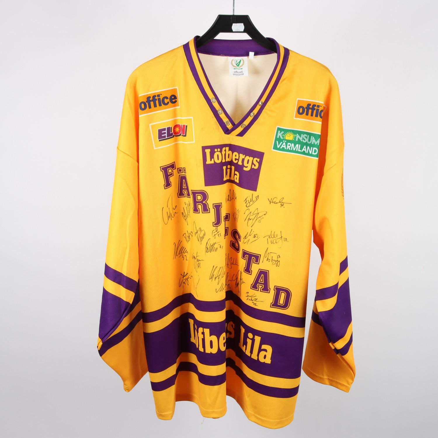 Hockeytröja, Färgestad, brandgul, med autografer, stl. 8.