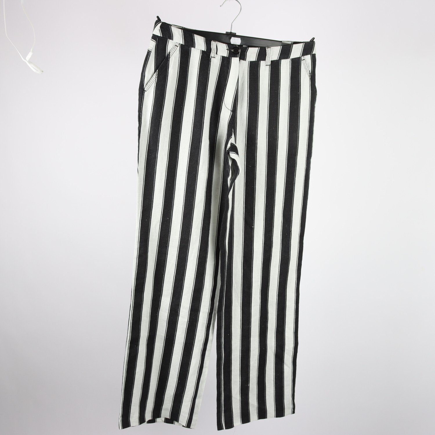 Byxor, NTS, randig, vit, svart, lin, stl. 38.