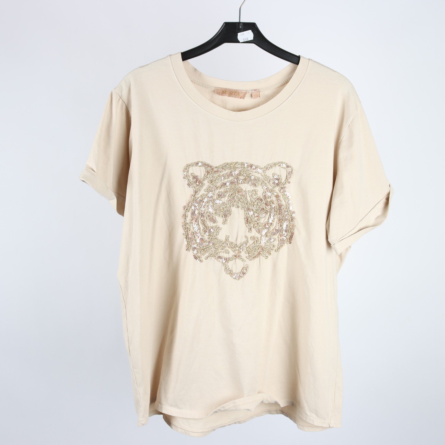 T-shirt, Marta, beige, paljetter, guld, stl. S/M.