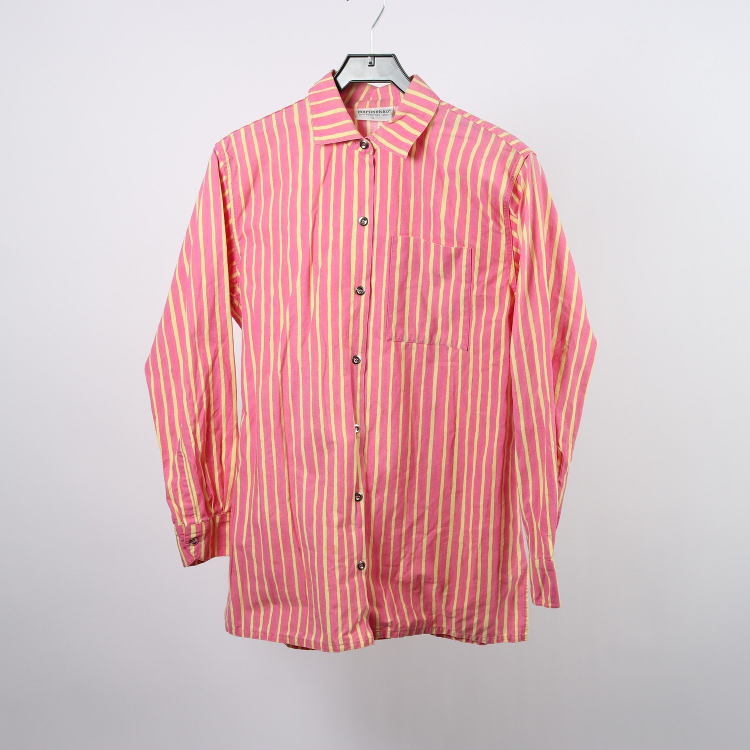 Skjortblus, Marimekko, rosa/gul, randig, stl. L