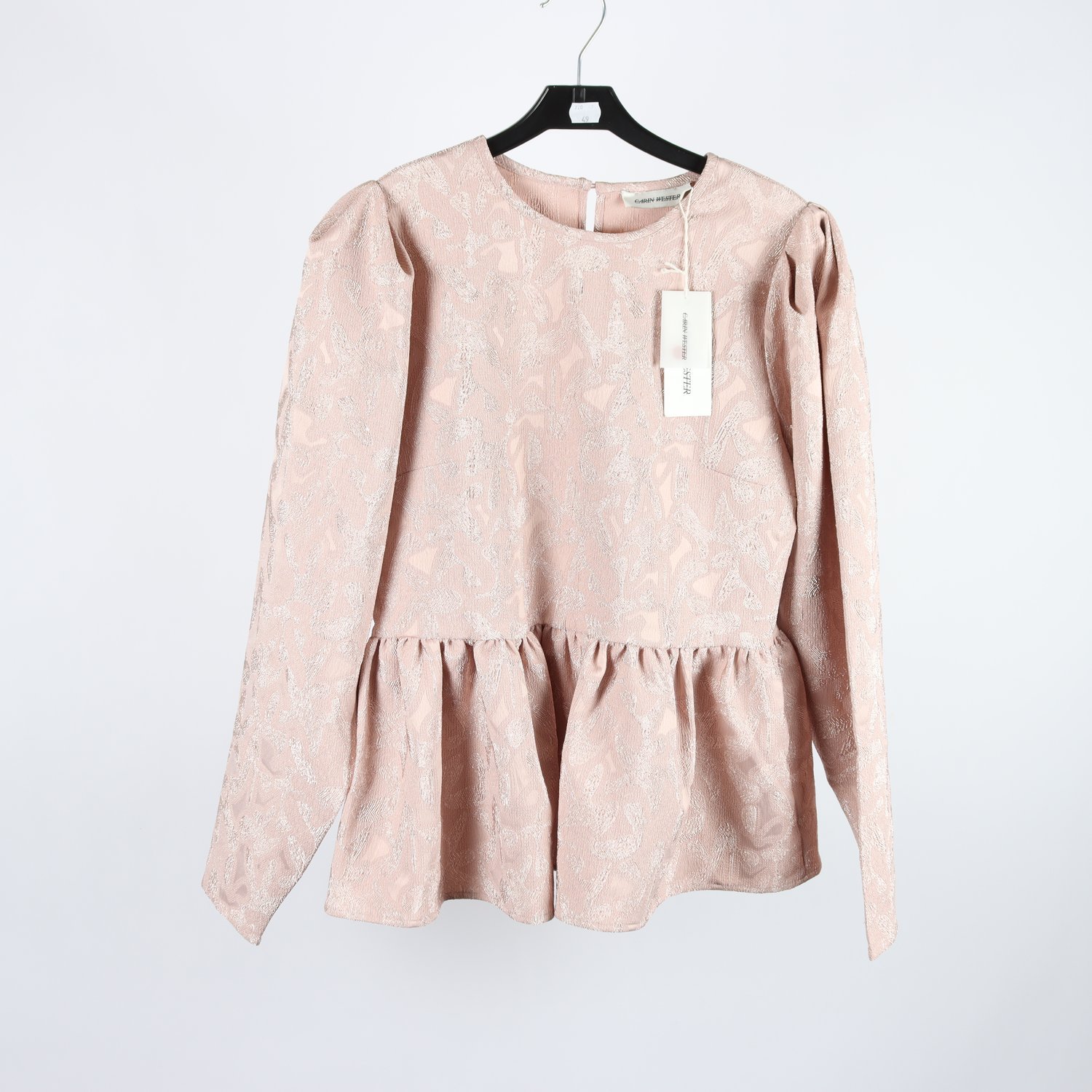 Blus, Carin Wester, laxrosa, glittrig, puffärm, volang, stl. 42