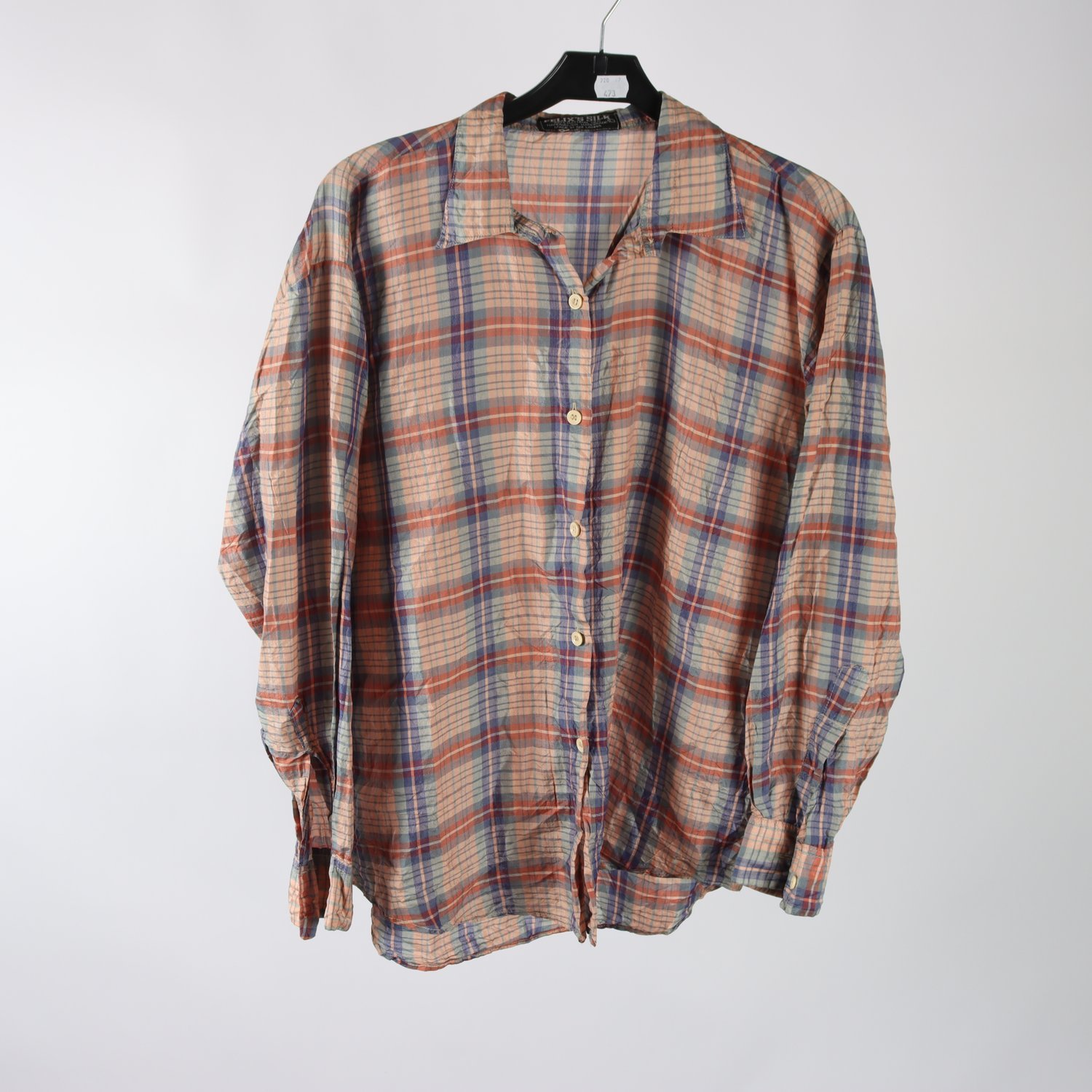 Blus, Felix Silk, rutig, lila, brun, 100% silke, stl. ca. M