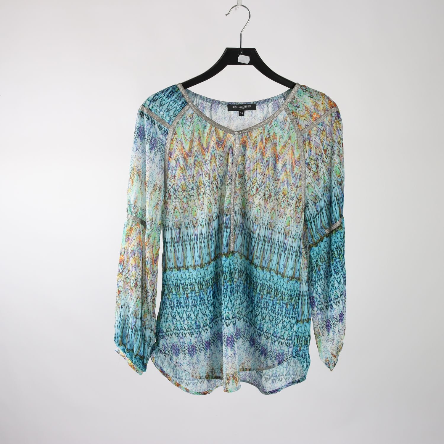Blus, Ilse Jacobsen, mönstrad, blå, silver, stl. 38.