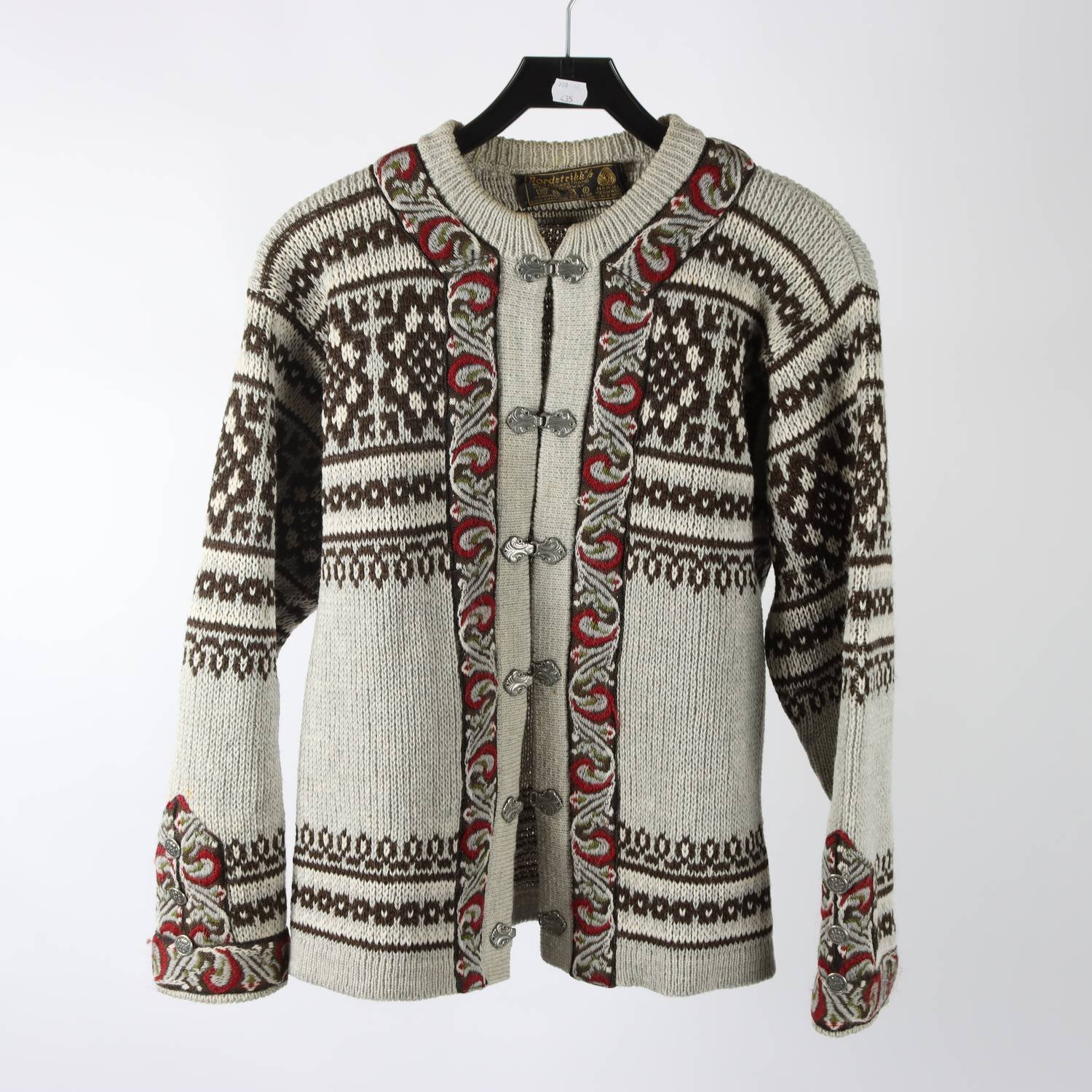 Lusekofta, Nordstrikk, grå, vinröd, ull, stl. 42.