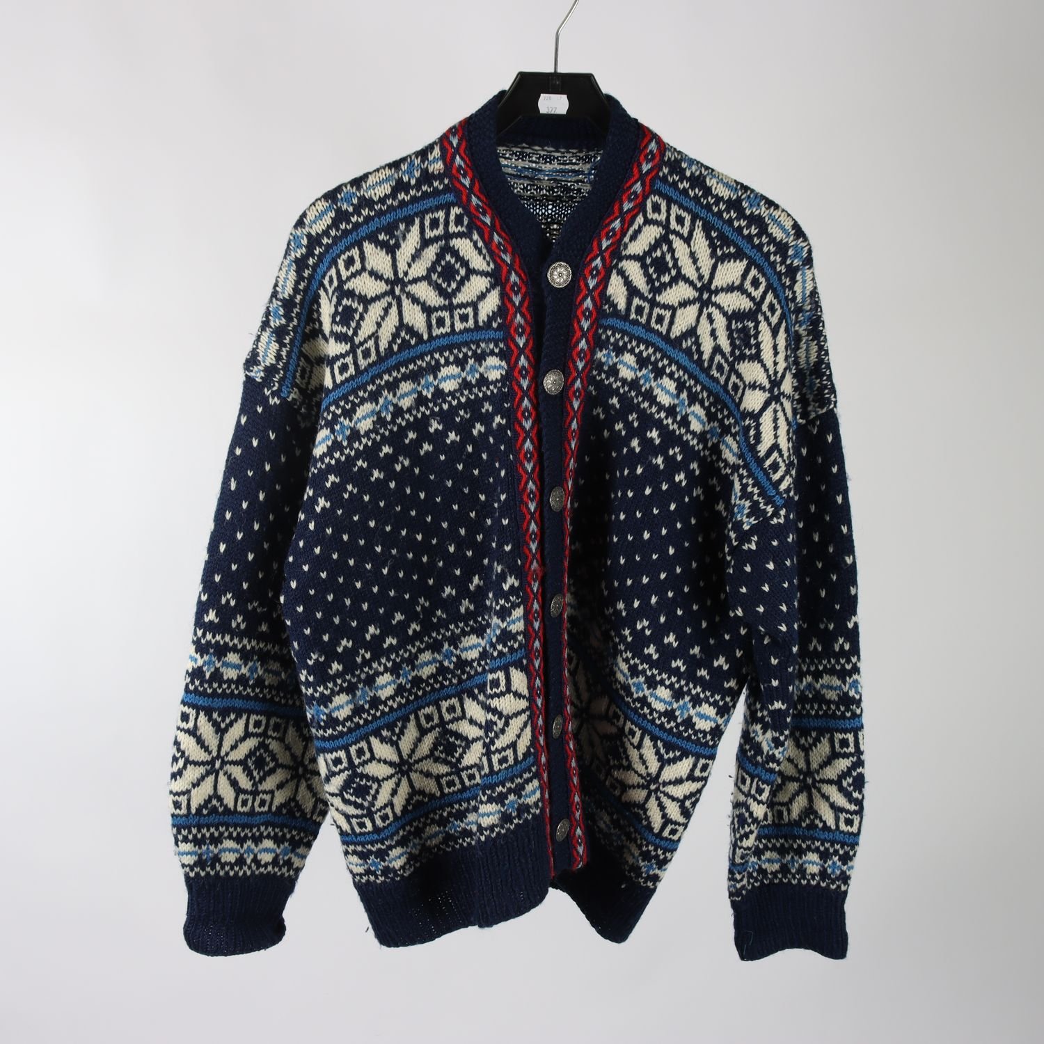 Stickad tröja, Okänd, blå, vit, stl. ca. L.