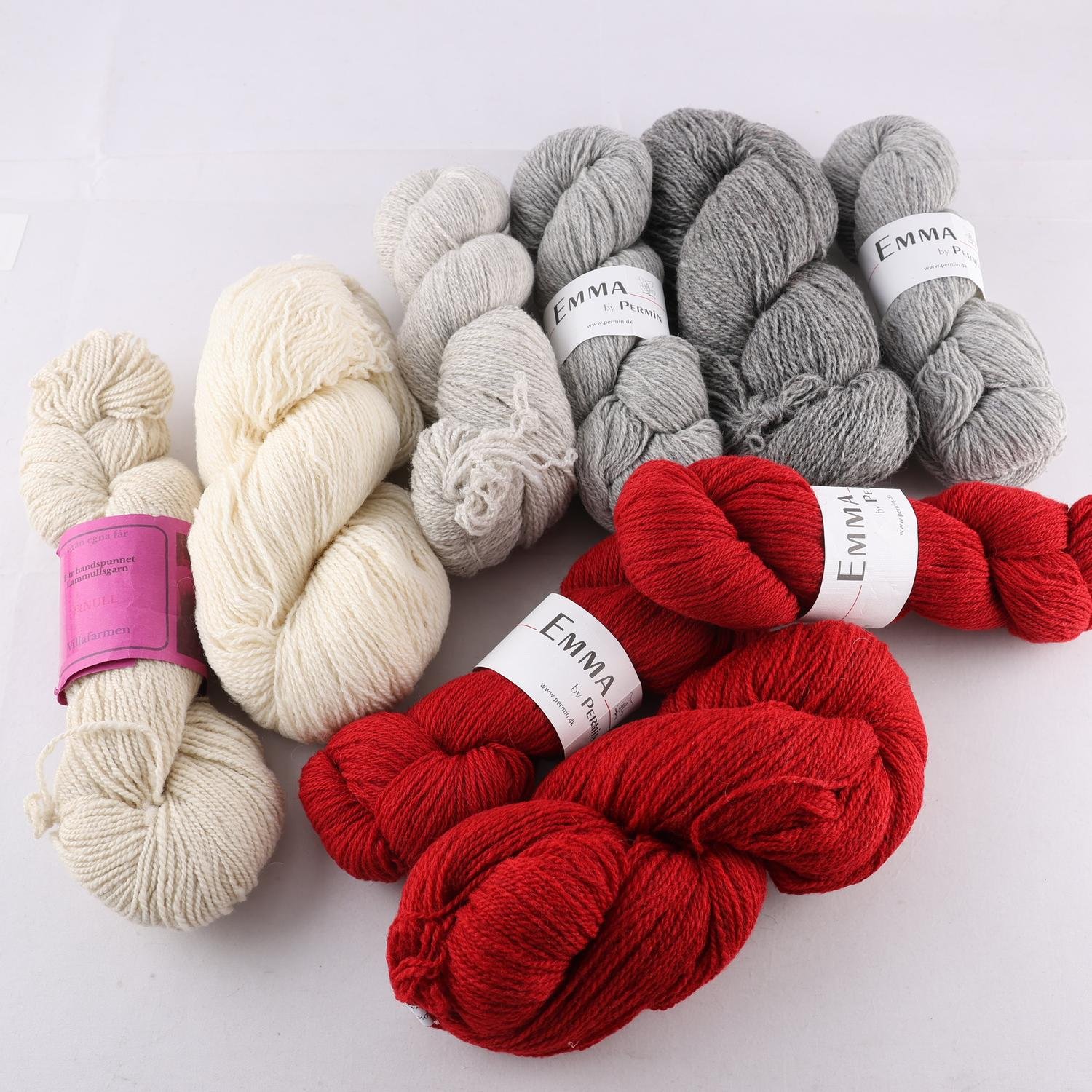 Garn, Olika, ullhärvor, grå, vinröd, 9 st.
