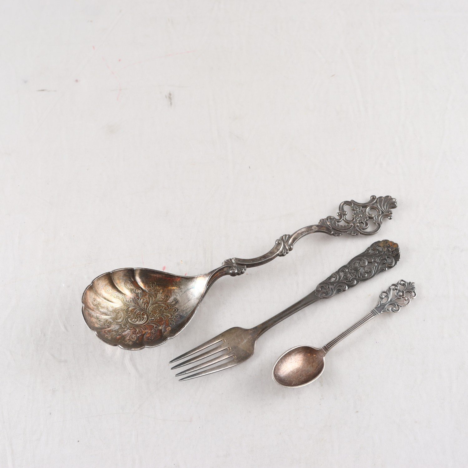 Serveringssked, kaffesked, gaffel, silver, Norge, 3 st