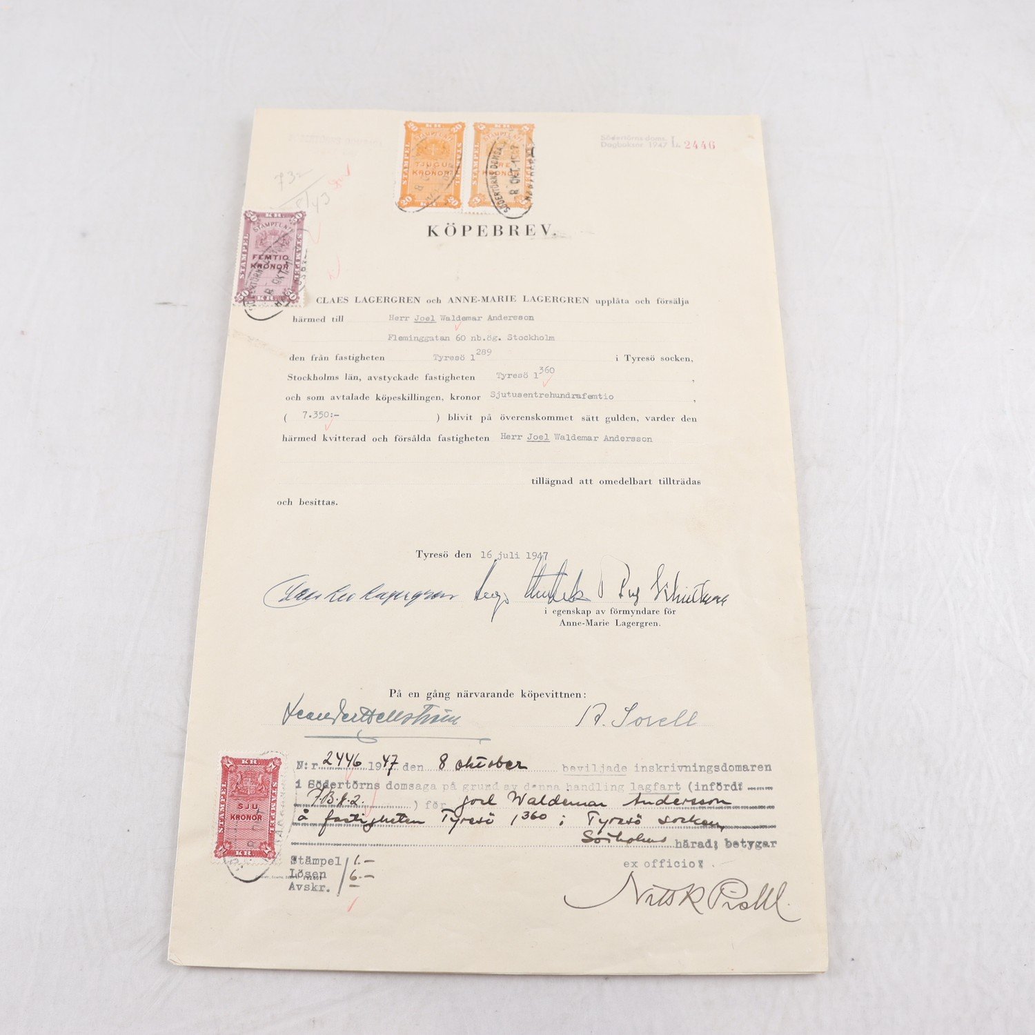 Köpebrev, köp av fastighet i Tyresö socken, 1947