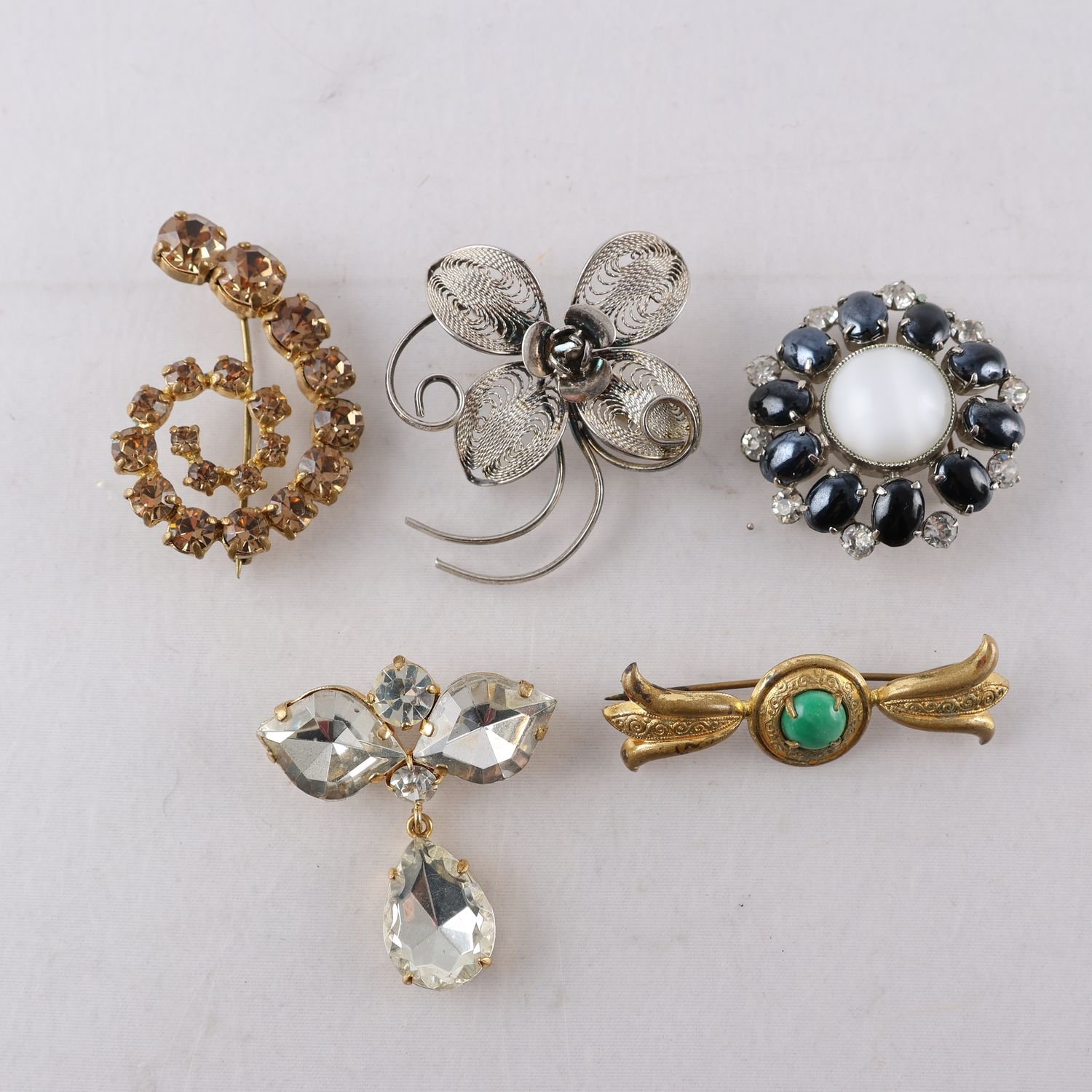 Broscher, vintage, metall, sten, emalj, 5 st.