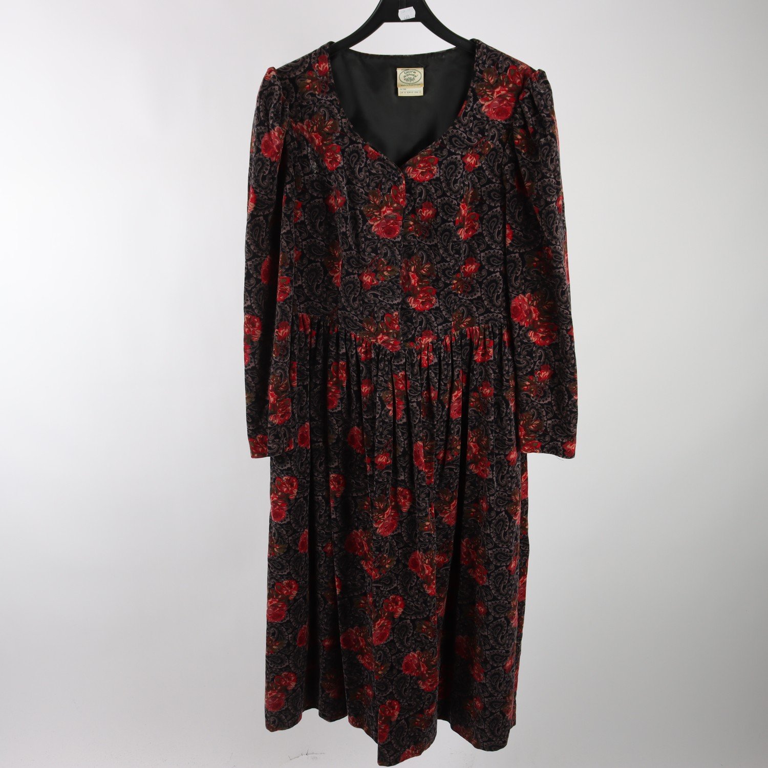 Klänning, Laura Ashley, mönstrad, grå, röd, plych, stl. 42.