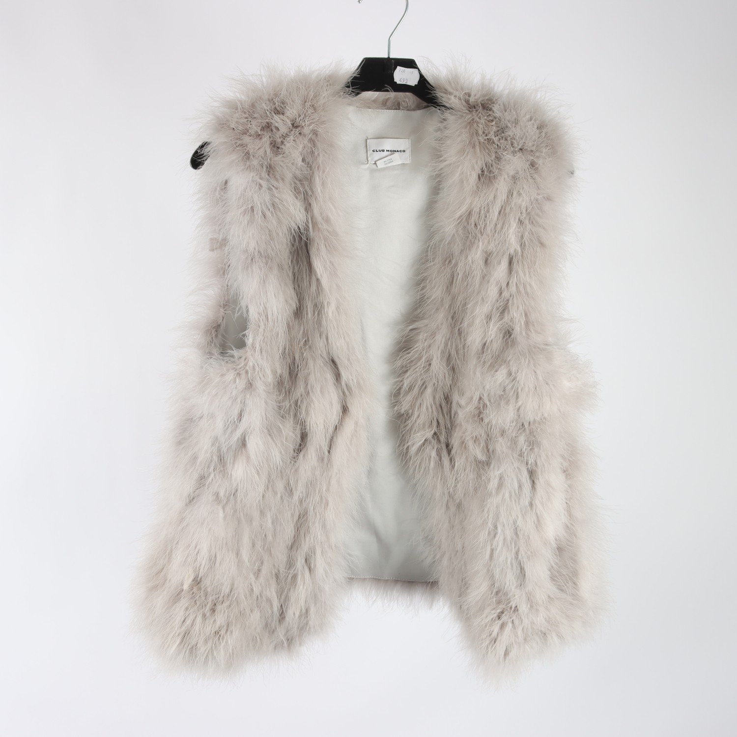 Dunväst, Club Monaco, marabou fjädrar, grå, stl. M.