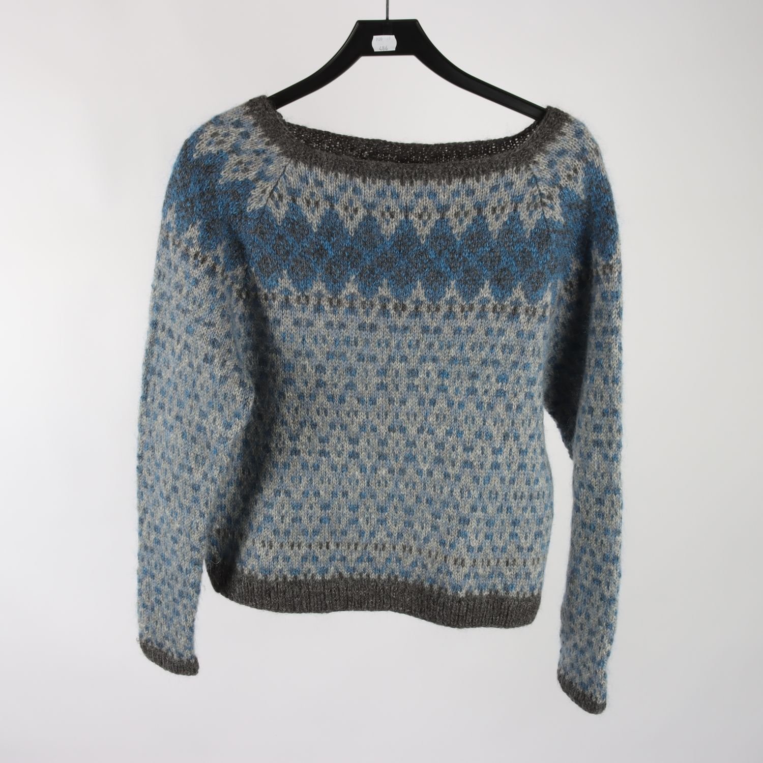 Tröja, Okänd, blå, grå, ull, stl. ca. S/M.