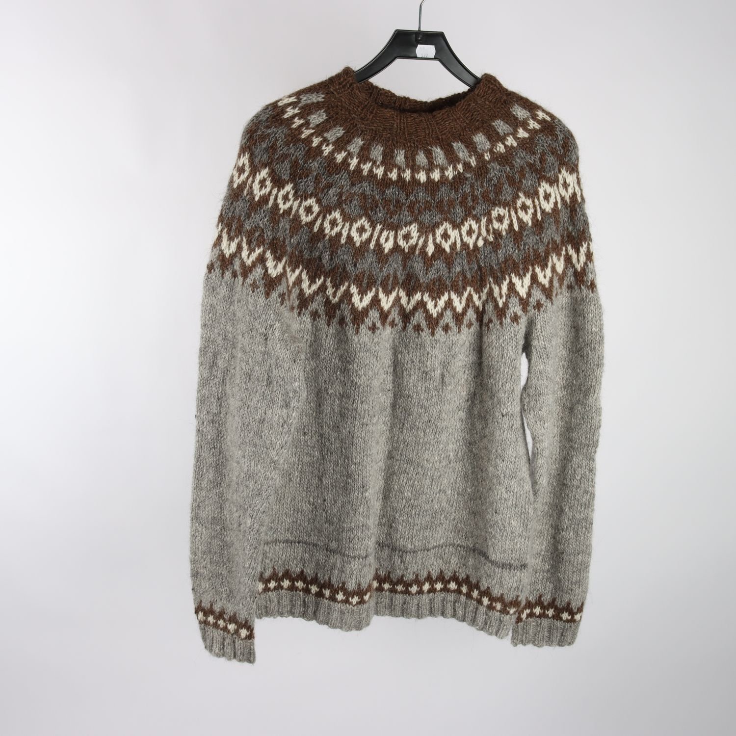 Ulltröja, Handstickad, grå, brun, ull, stl. ca. XL