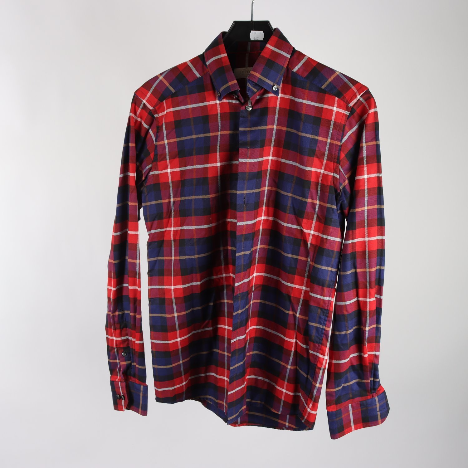 Skjorta, Eton, blå, röd, rutig, slim, stl. 37.