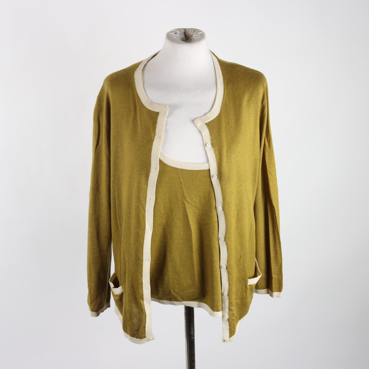 Kofta+linne, Okänd, grön, silke, cashmere, stl. XL.