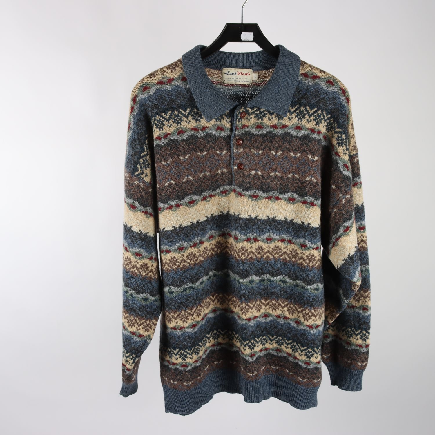 Tröja, East West, mönstrad, blå, brun, Shetlands ull, stl. L.