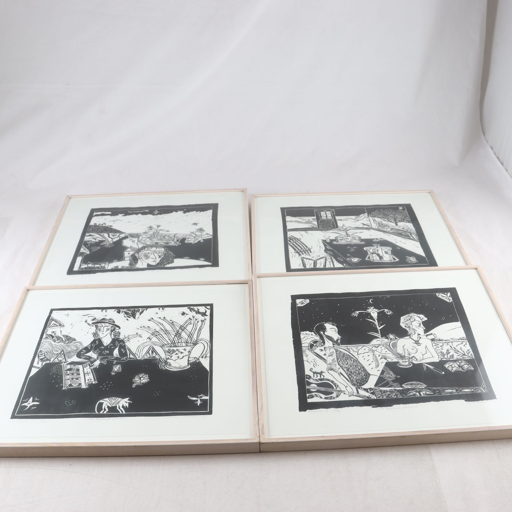 Linoleumsnitt, Bordsbilder, Channa Bankier, (f. 1947), sign. Endast avhämtning.