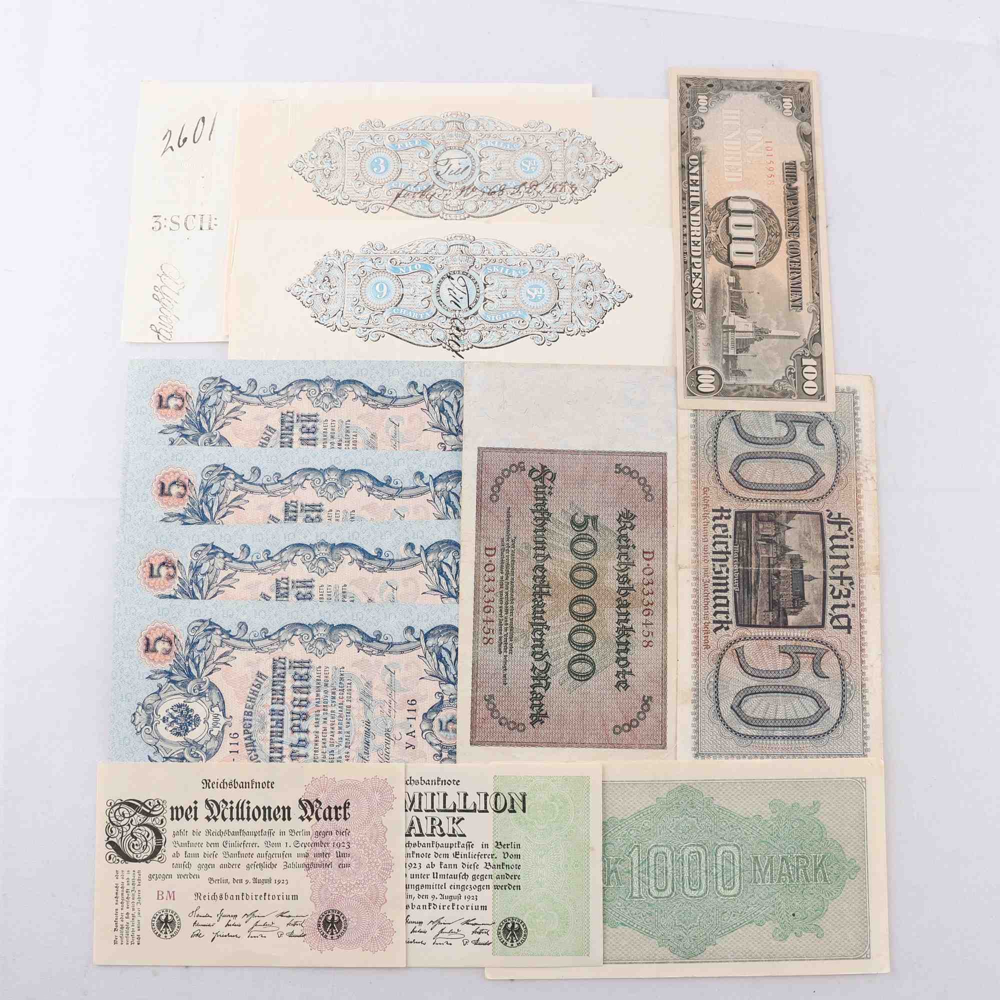 Samling med äldre utländska sedlar samt 2 st charta sigillata