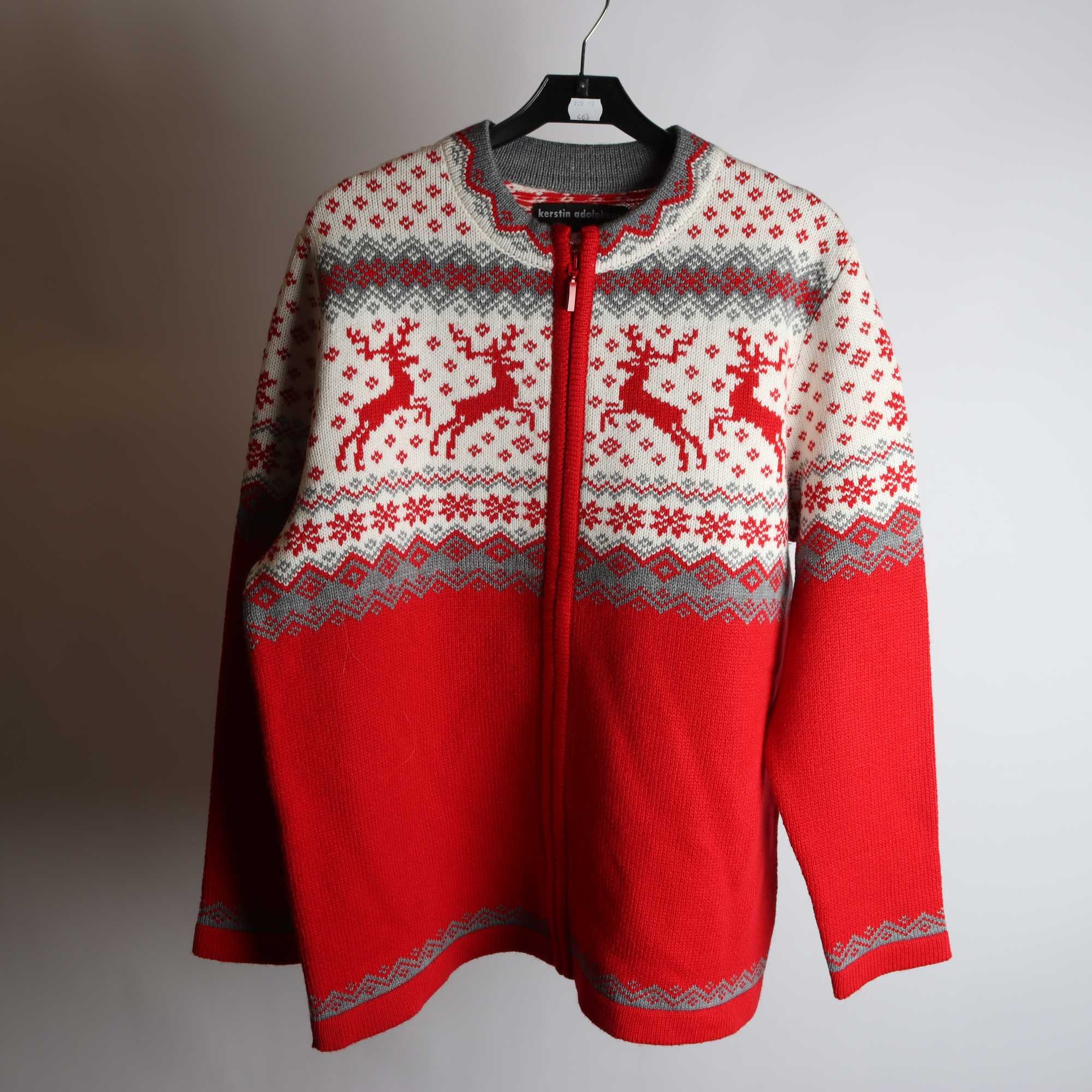 Julkofta, Kerstin Adolphson, röd, grå, ull, stl. XL.