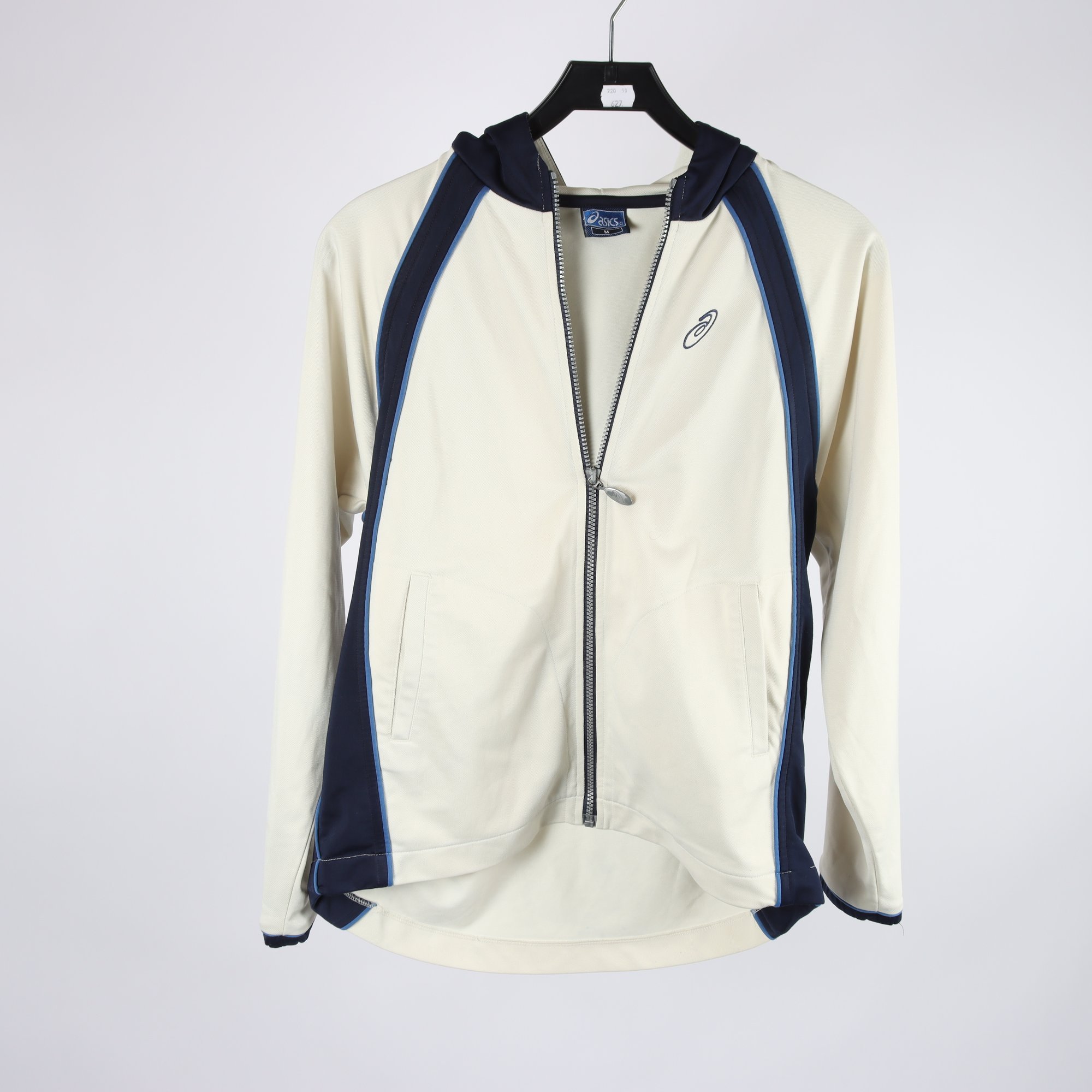 Träningsjacka, Asics, benvit, blå, retro, stl. M.