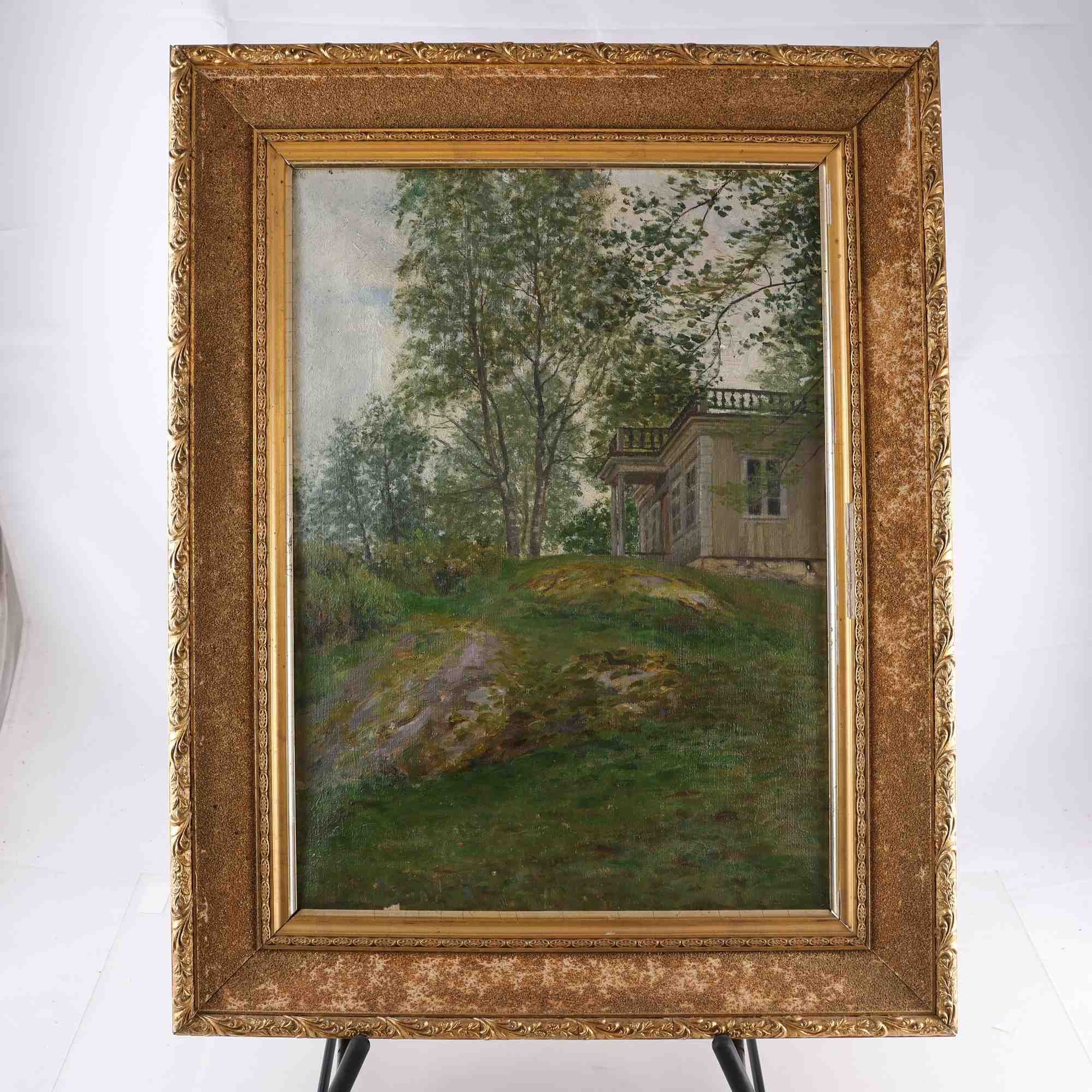 Olja på duk, naturmotiv med hus, osignerad. Endast avhämtning.