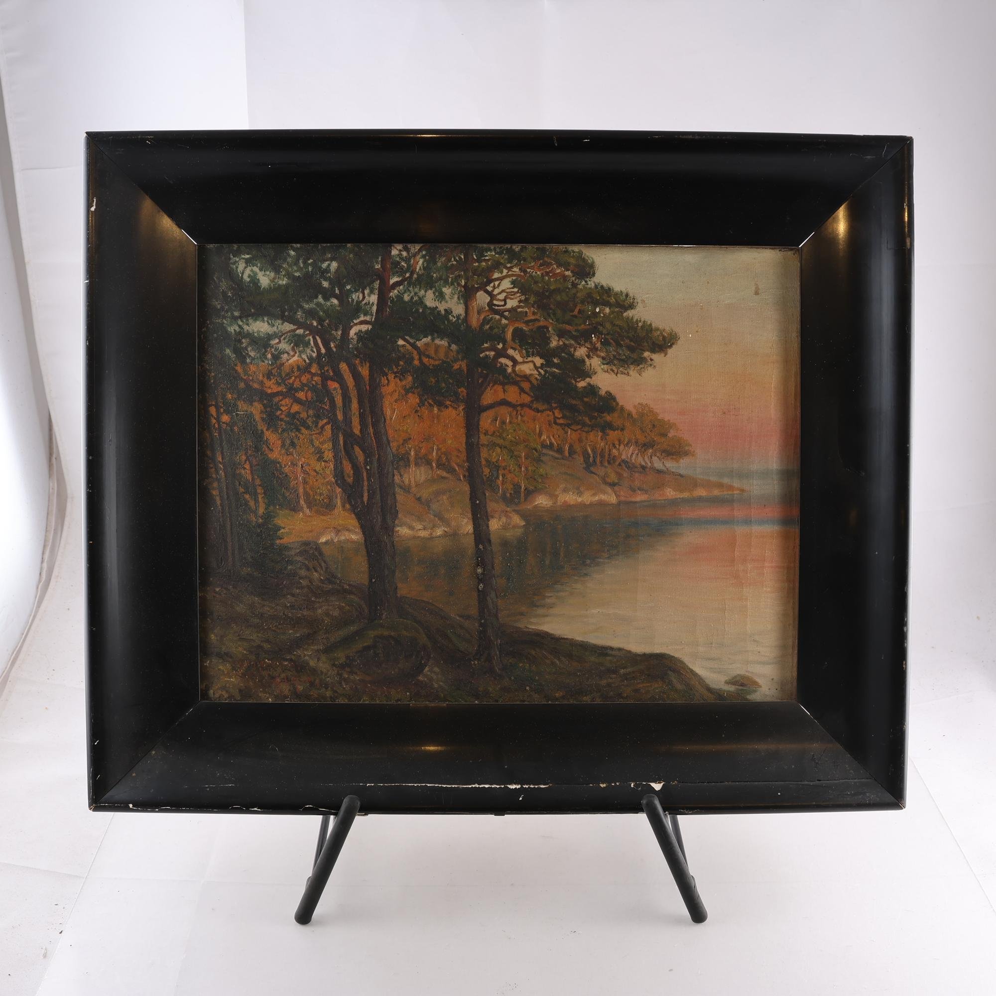 Olja på duk, kustlandskap, sliten, otydlig signatur. Endast avhämtning.