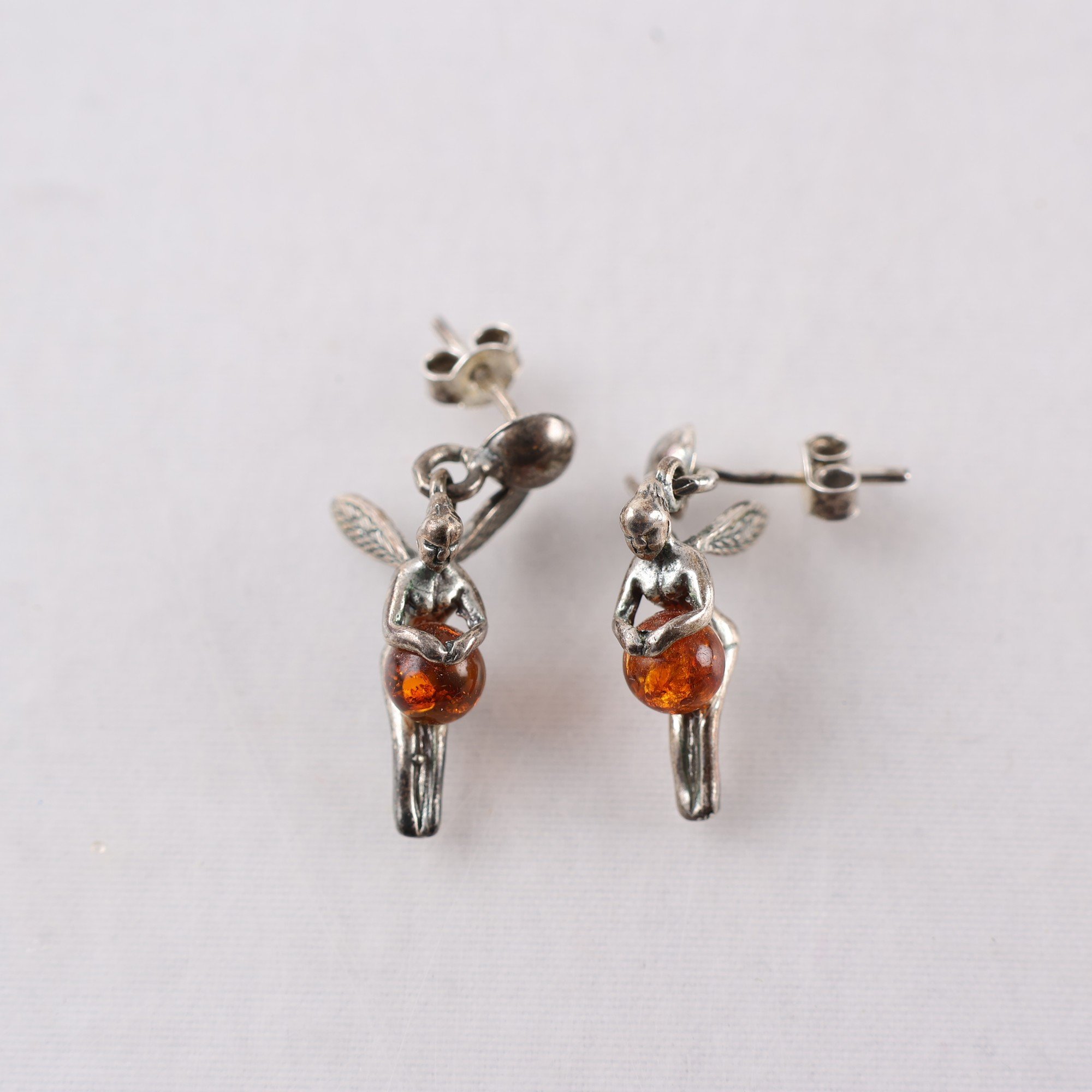 Örhängen, silver 925, bärnsten, älvor, vintage, brv: 3.6g