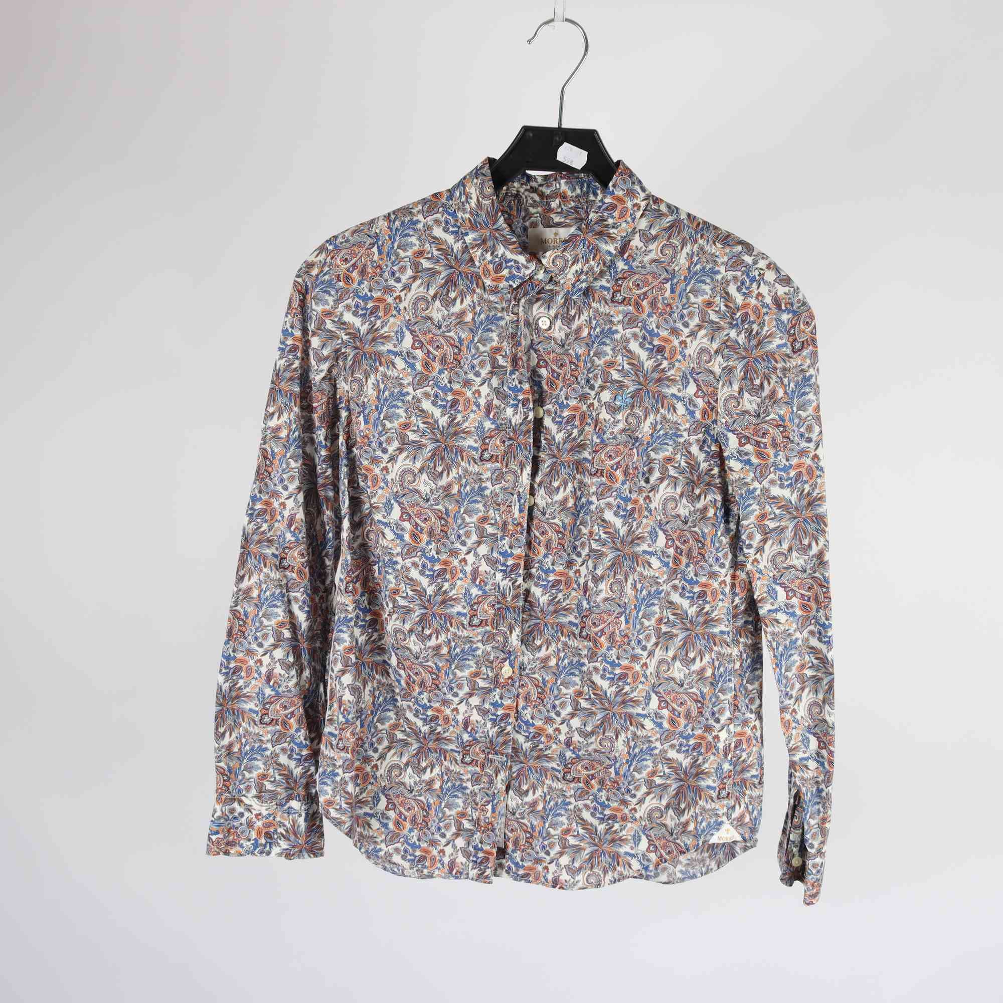 Blus, Morris, mönstrad, blå, orange, stl. 36.