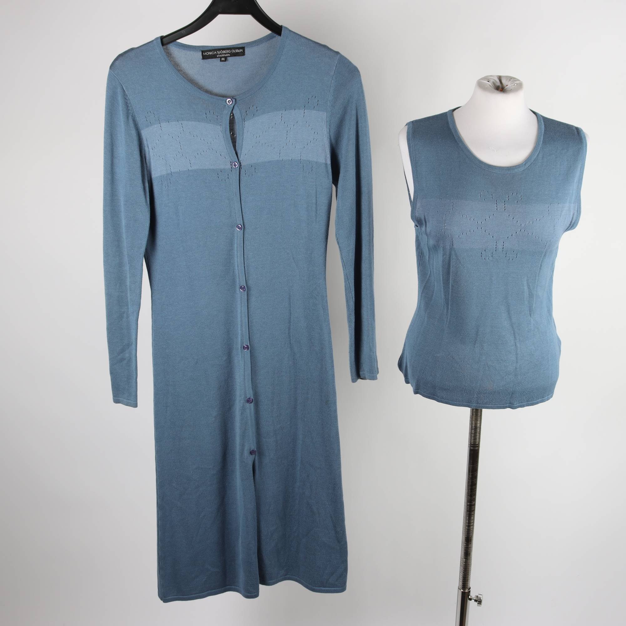 set, linne/kofta, Monica Sjöberg Olsson, blå, linne stl. S, kofta, stl. M