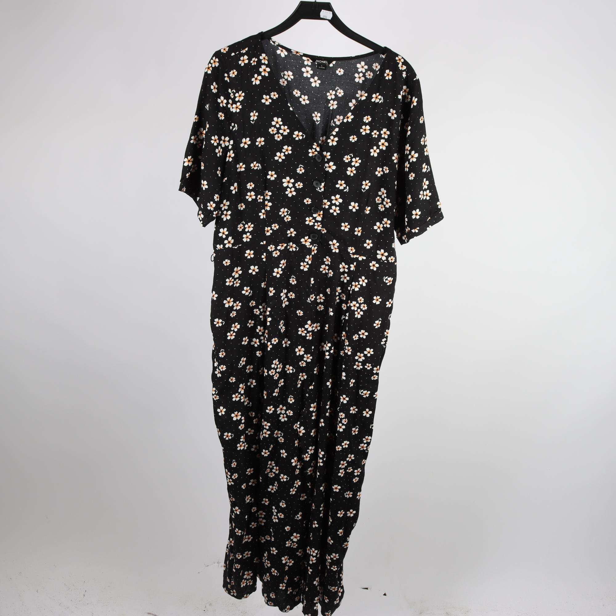 Byxdress, Monki, svart, blommig, stl. L