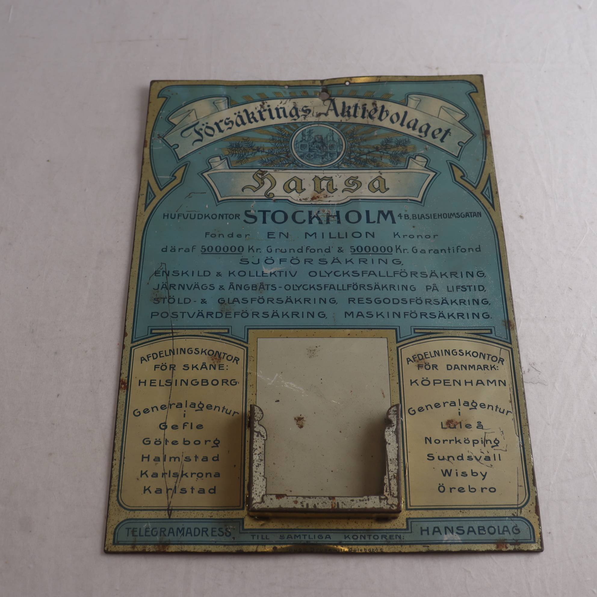 Plåtskylt, försäkringsbolaget Hansa, vintage. Samfraktas ej.