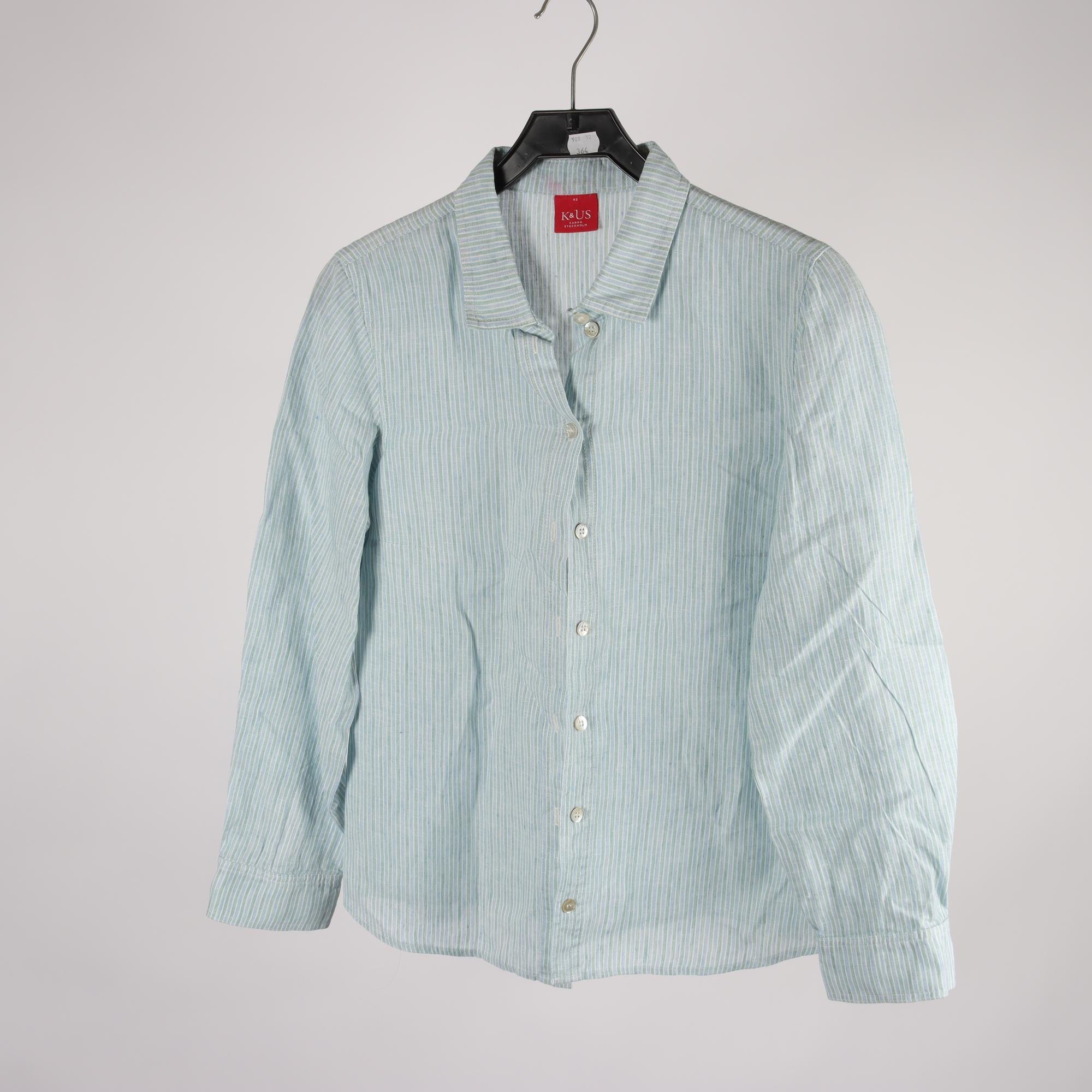 Blus, K&Us, randig, vit, blå, lin, stl. 42.