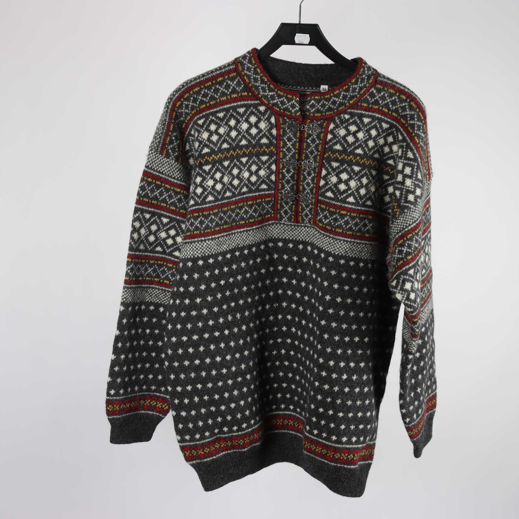 Lusekofta, Okänd, grå, vinröd, ull, stl. 42.