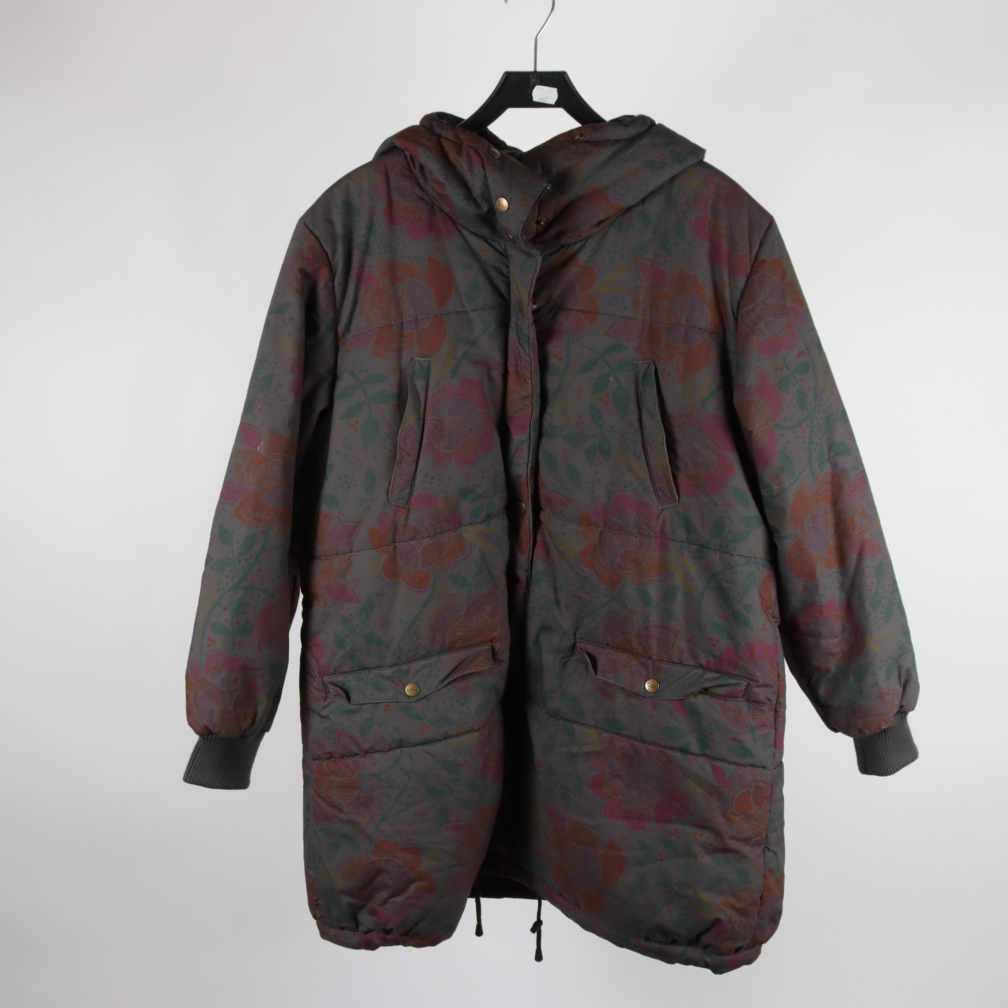 Vinterjacka, Gudrun Sjödén, grå, blommig, rosa, bomull, silke, stl. L.