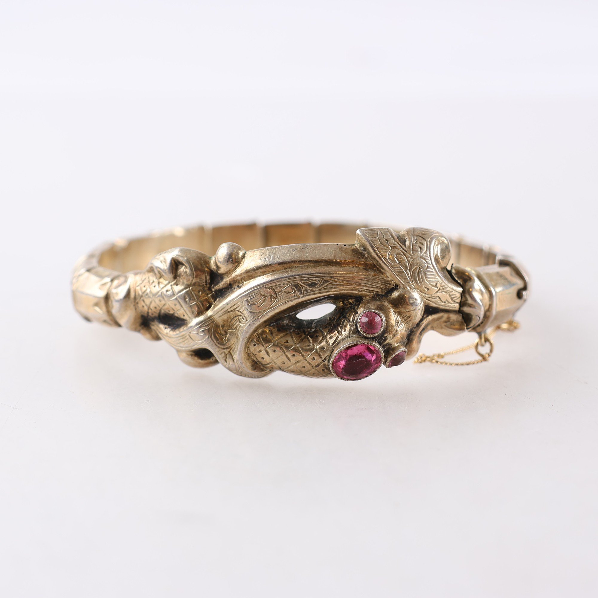 Armband, armring, silver, förgyllt, rosa stenar, orm, antikt, brv: 16.6g
