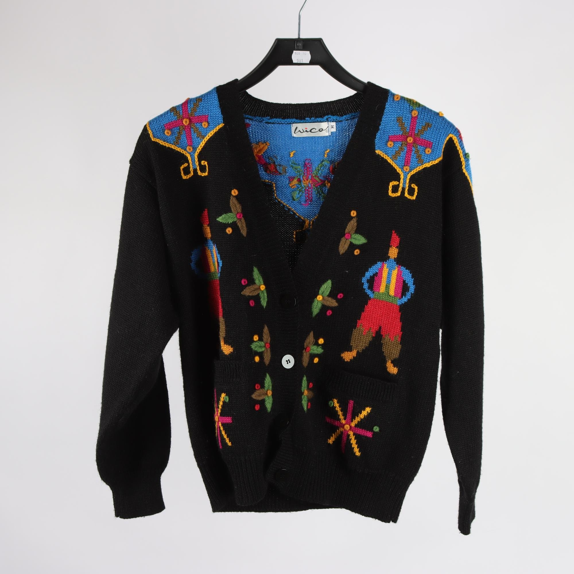 Kofta, Wico, svart, blå, broderad, ullmix, stl. M.