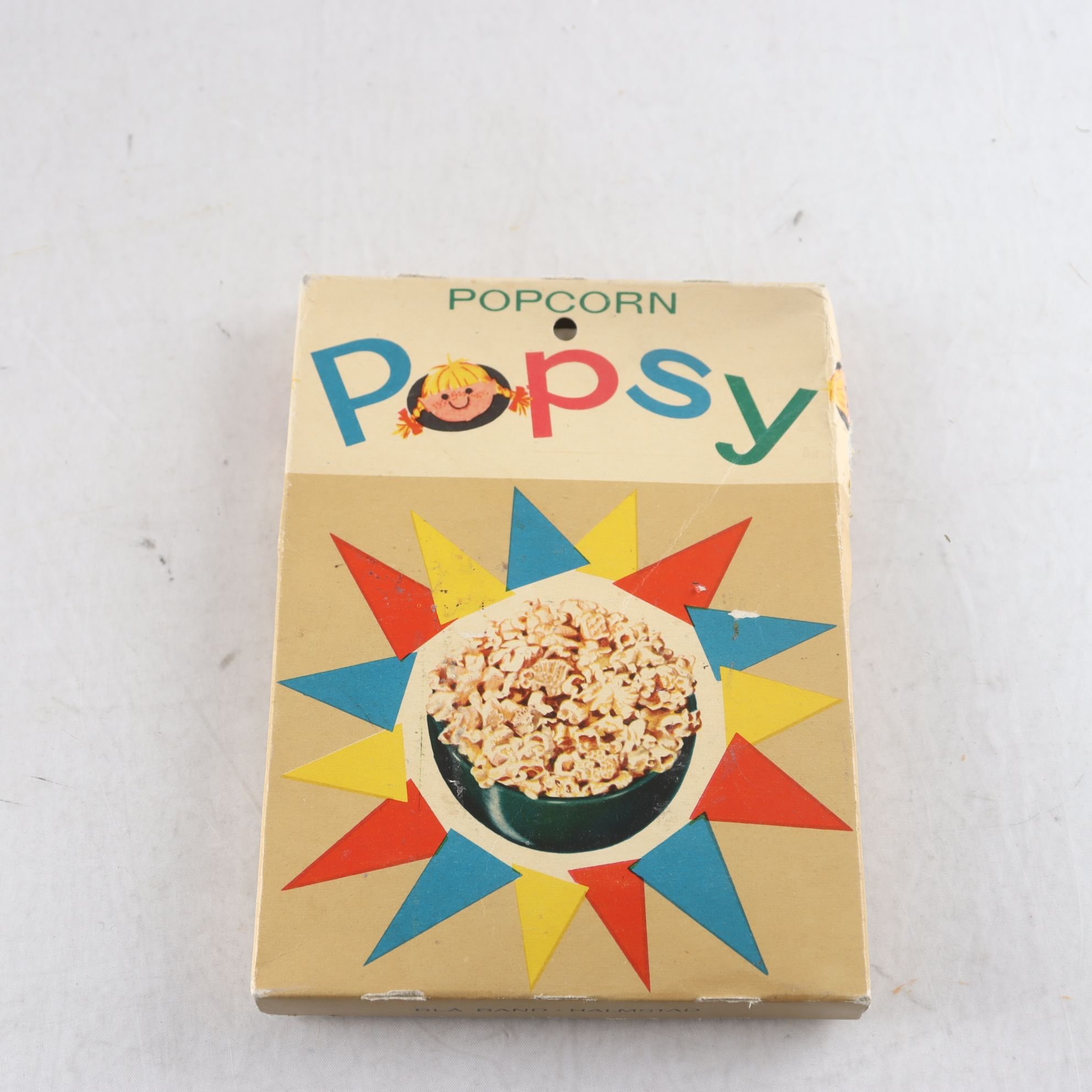 Oöppnad retro förp. Popcorn Popsy, Blå Band Halmstad
