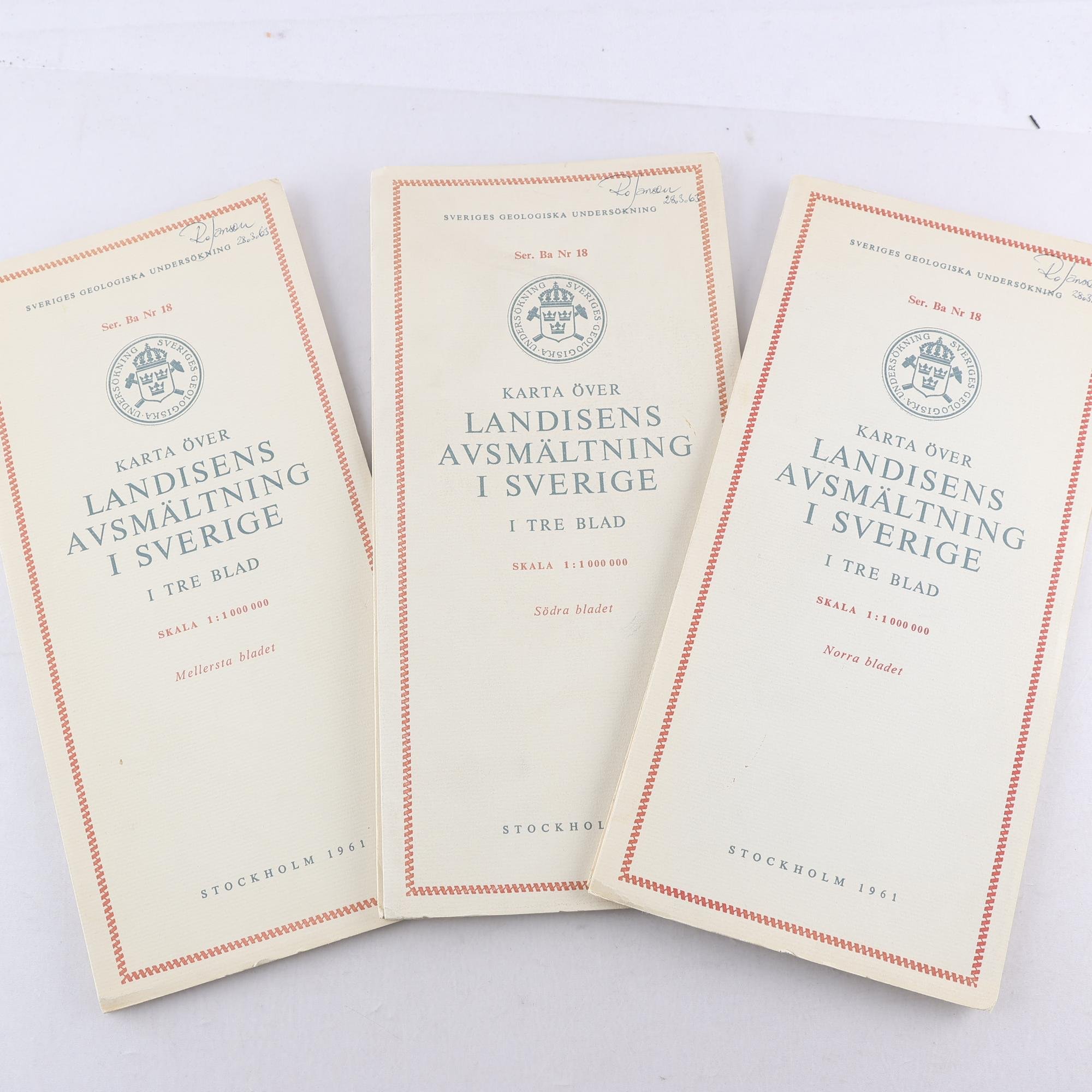 Karta över landisens avsmältning i Sverige i tre blad