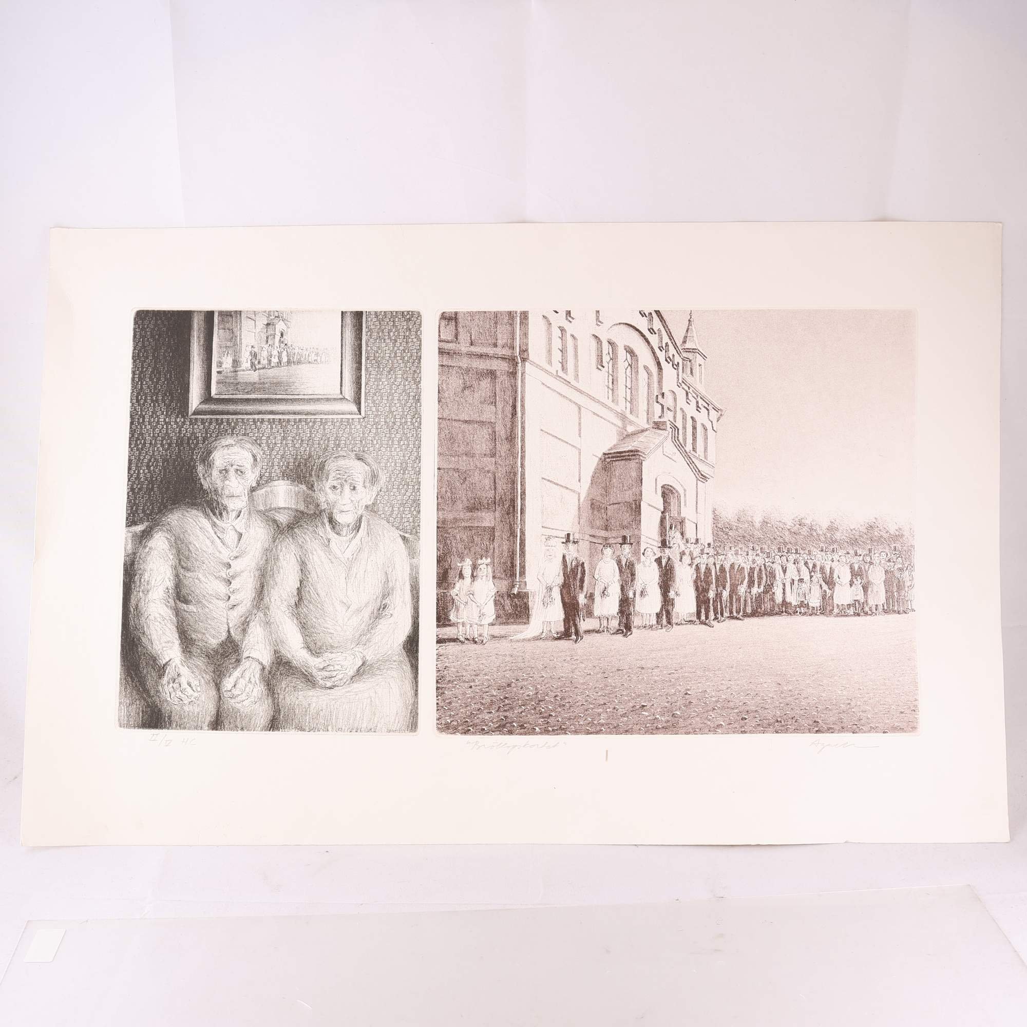 Litografi, löst blad, Bröllopskortet, Olle Agnell, sign. Samfraktas ej.