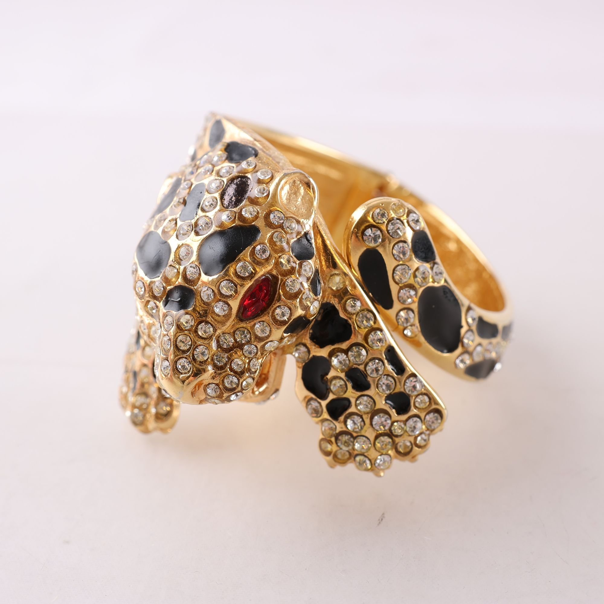 Armband, bijouteri, guldmetall, stenar, leopard