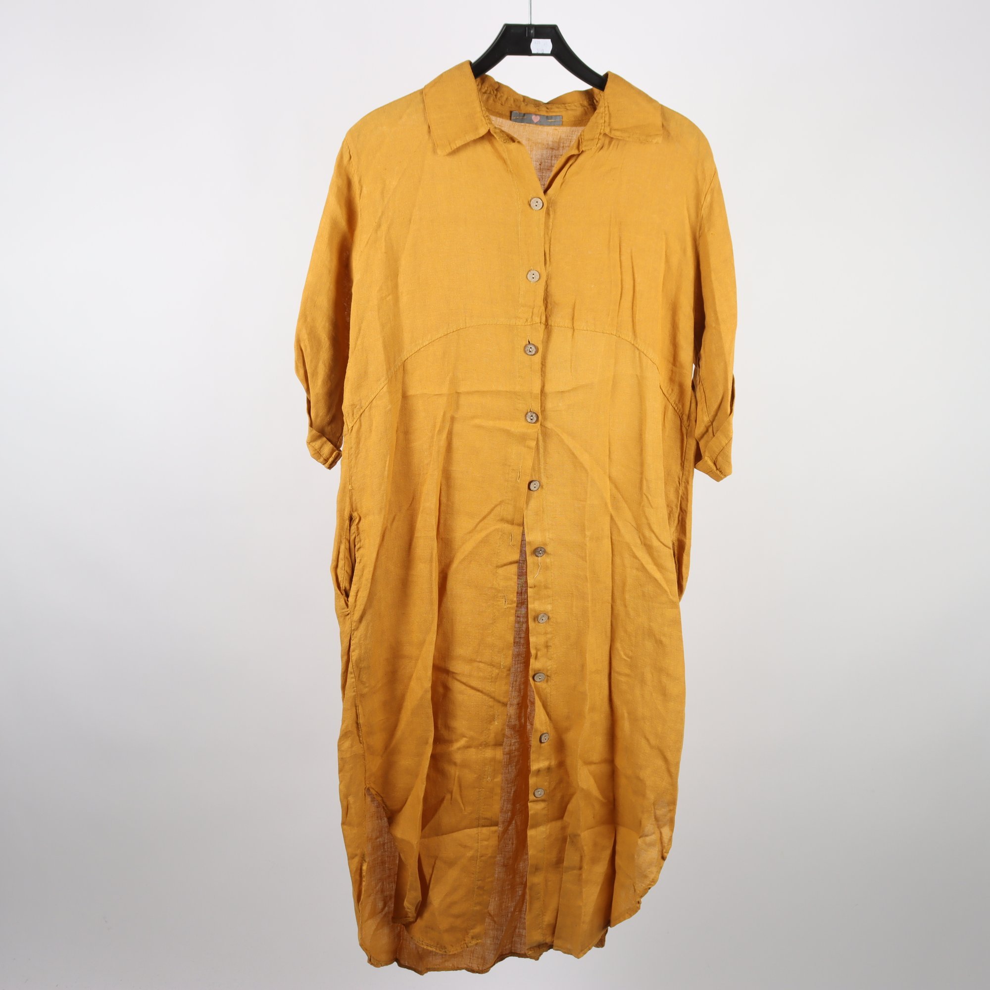 Klänning, Okänd, senapsgul, lin, stl. ca. M.