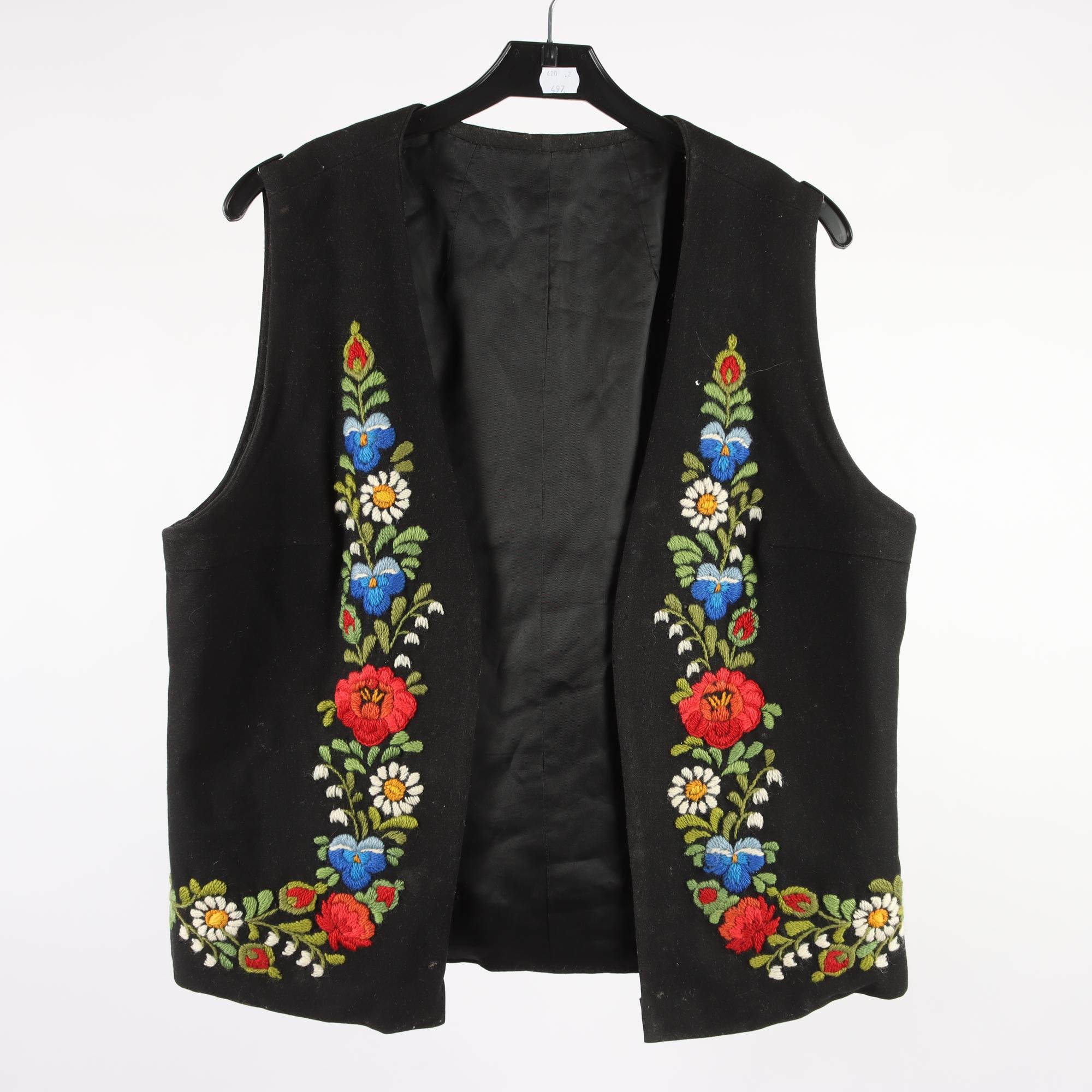 Väst, Okänd, svart, broderad, ull, stl. ca. S.
