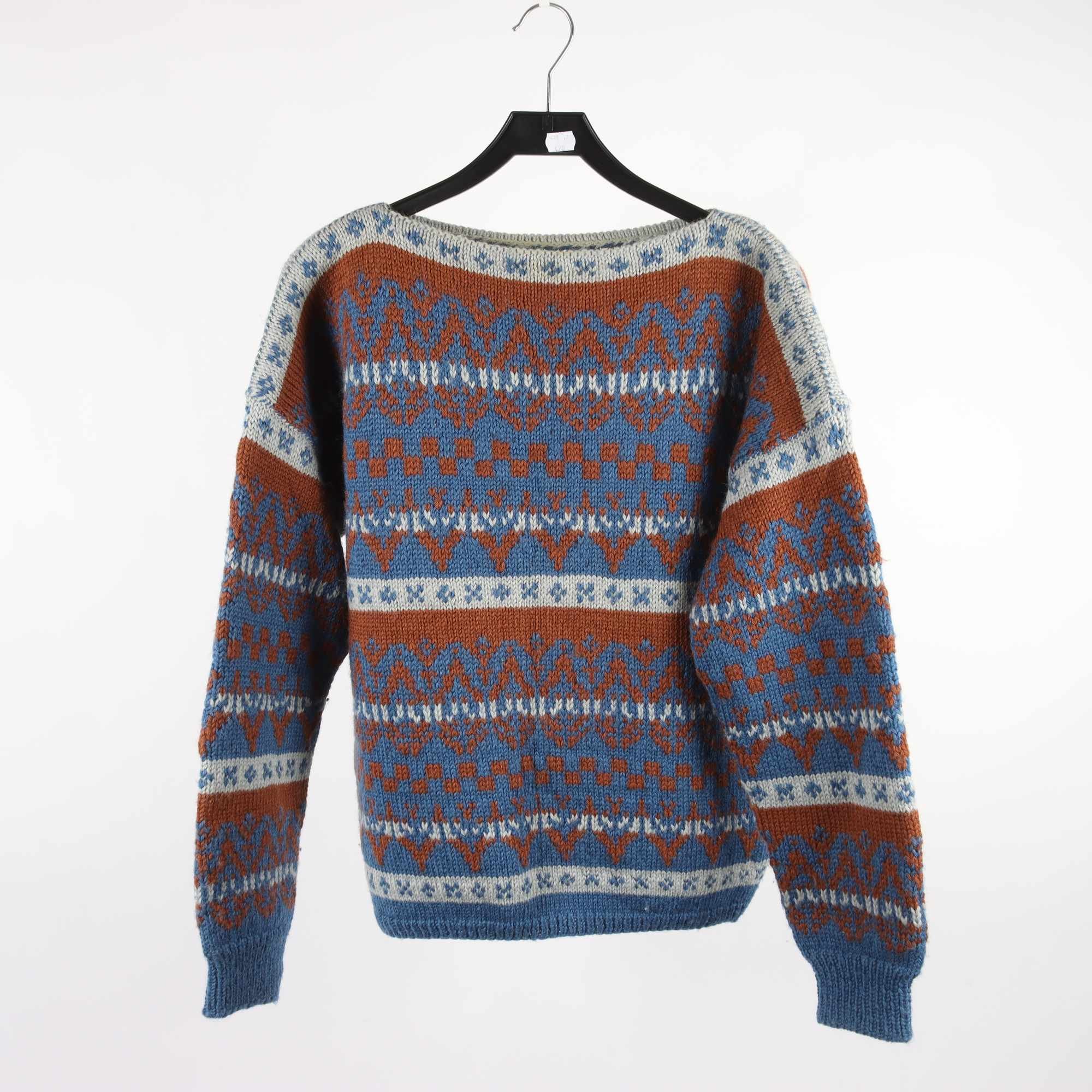 Tröja, Okänd, blå, brun, ull, stl. ca. L/XL.