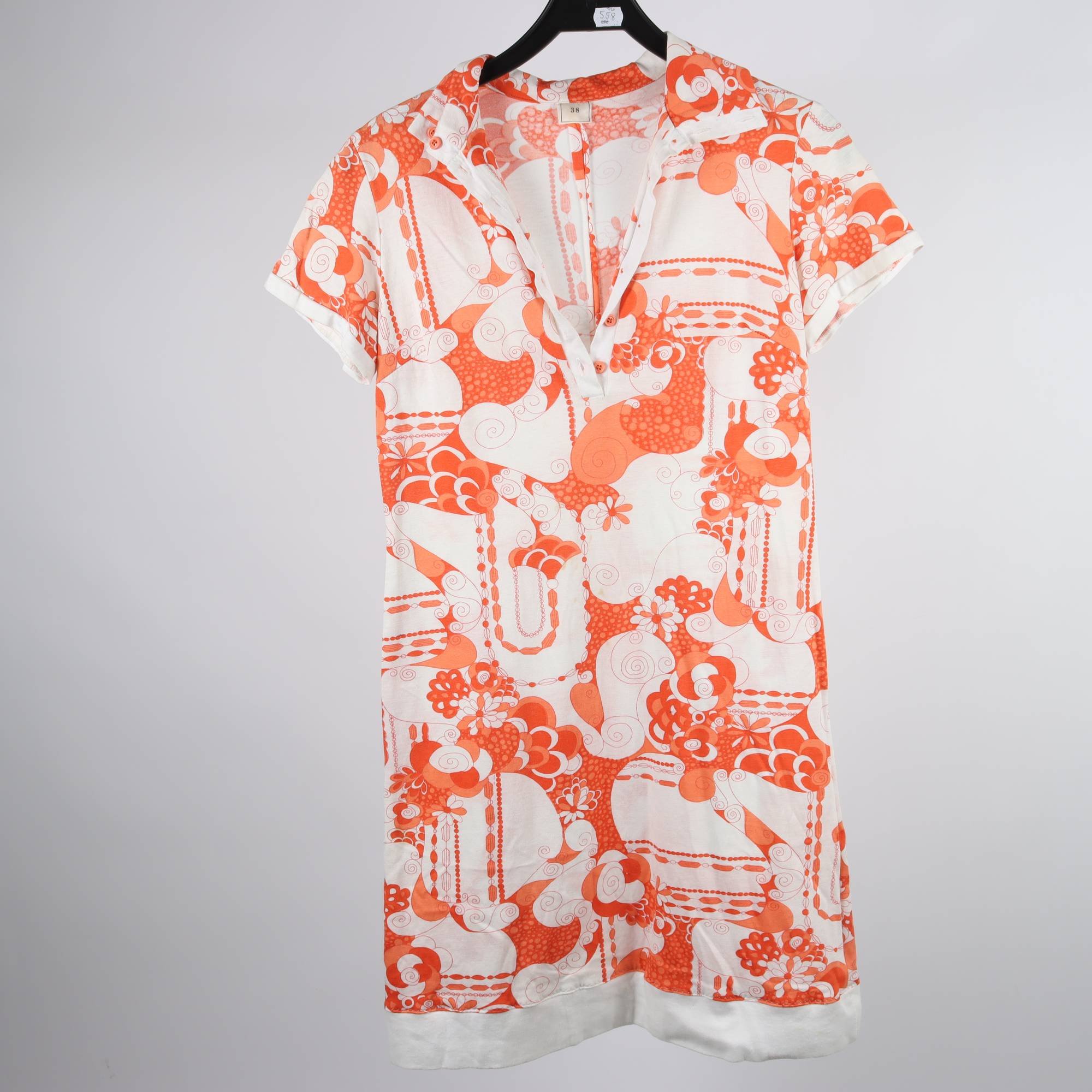 Klänning, Okänd, orange, vit, retro, stl. 38.