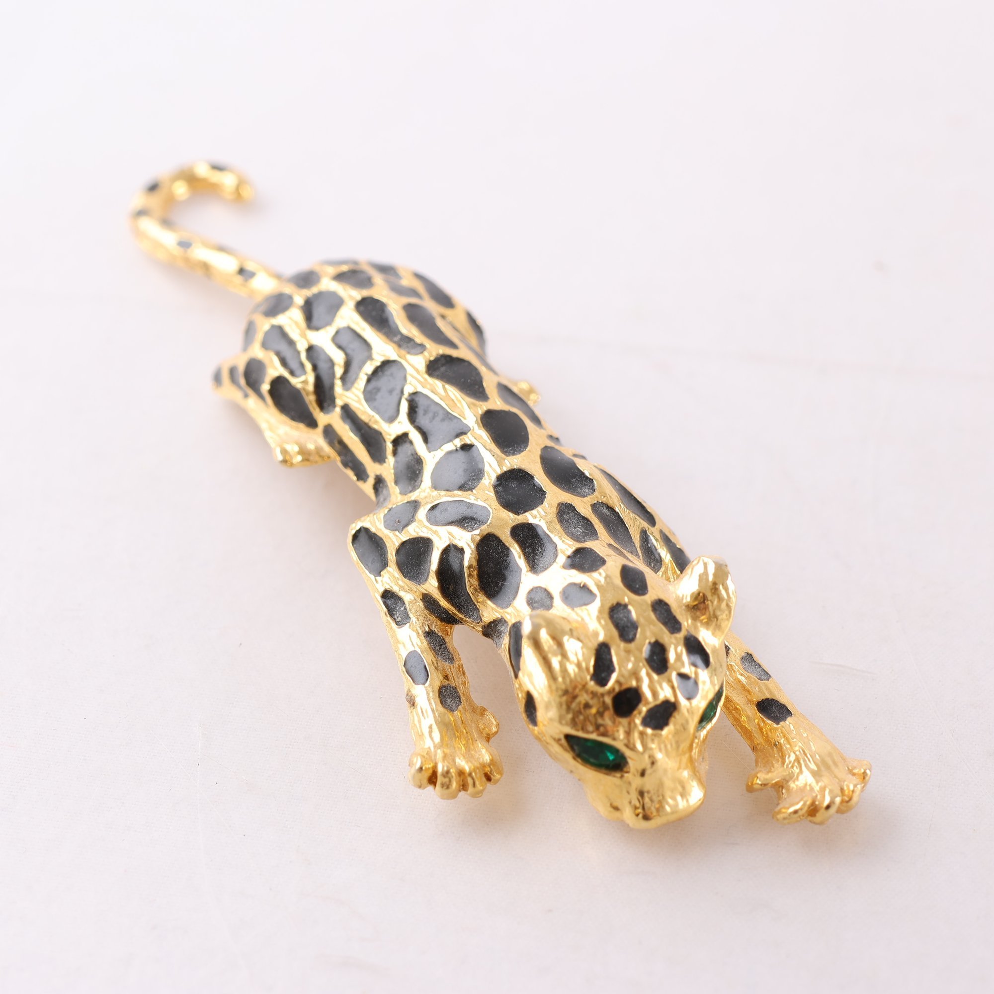 Brosch, bijouteri, guldmetall, leopard, stenar